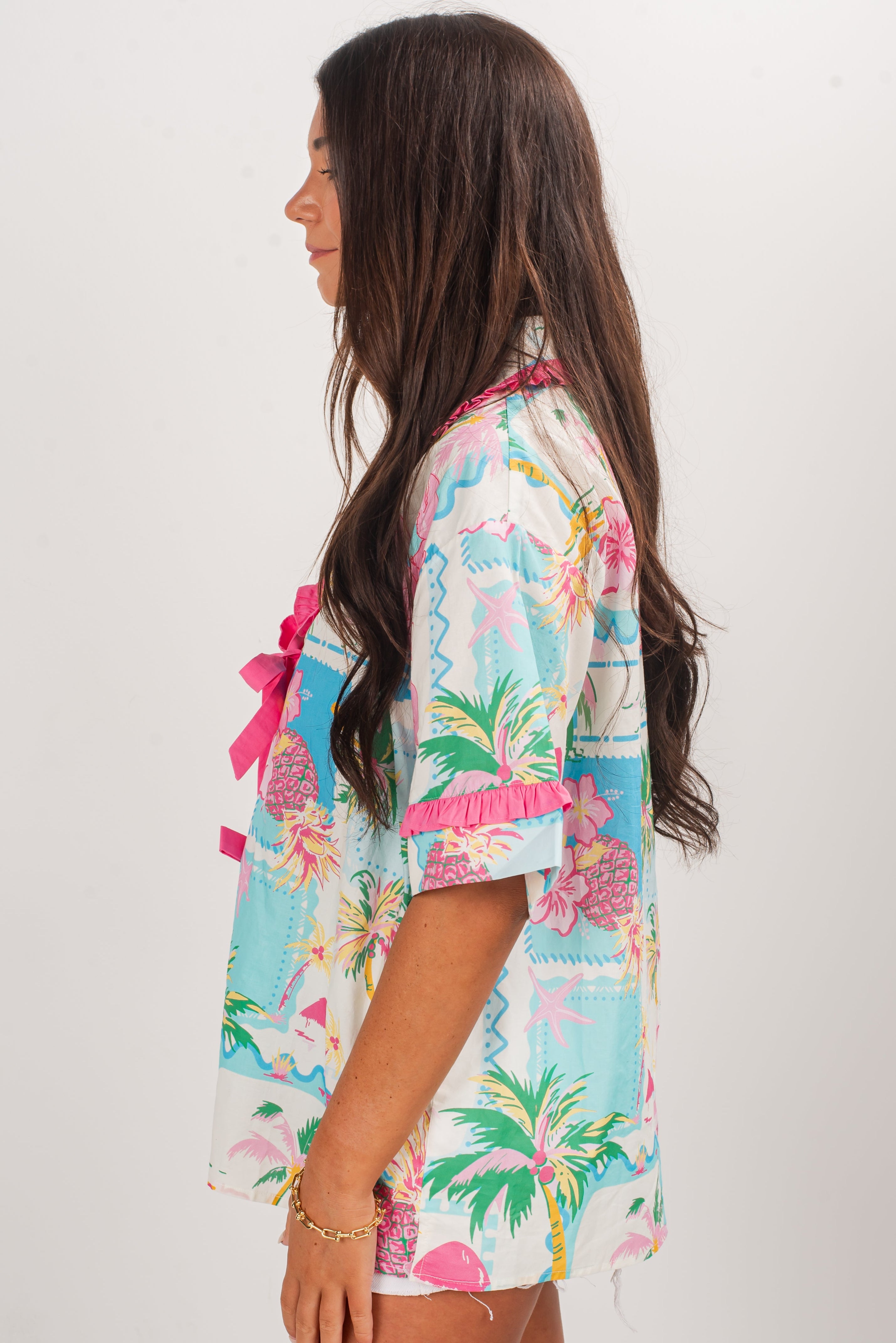 Sunkissed Pink Tropical Tie Blouse - DU DEAL
