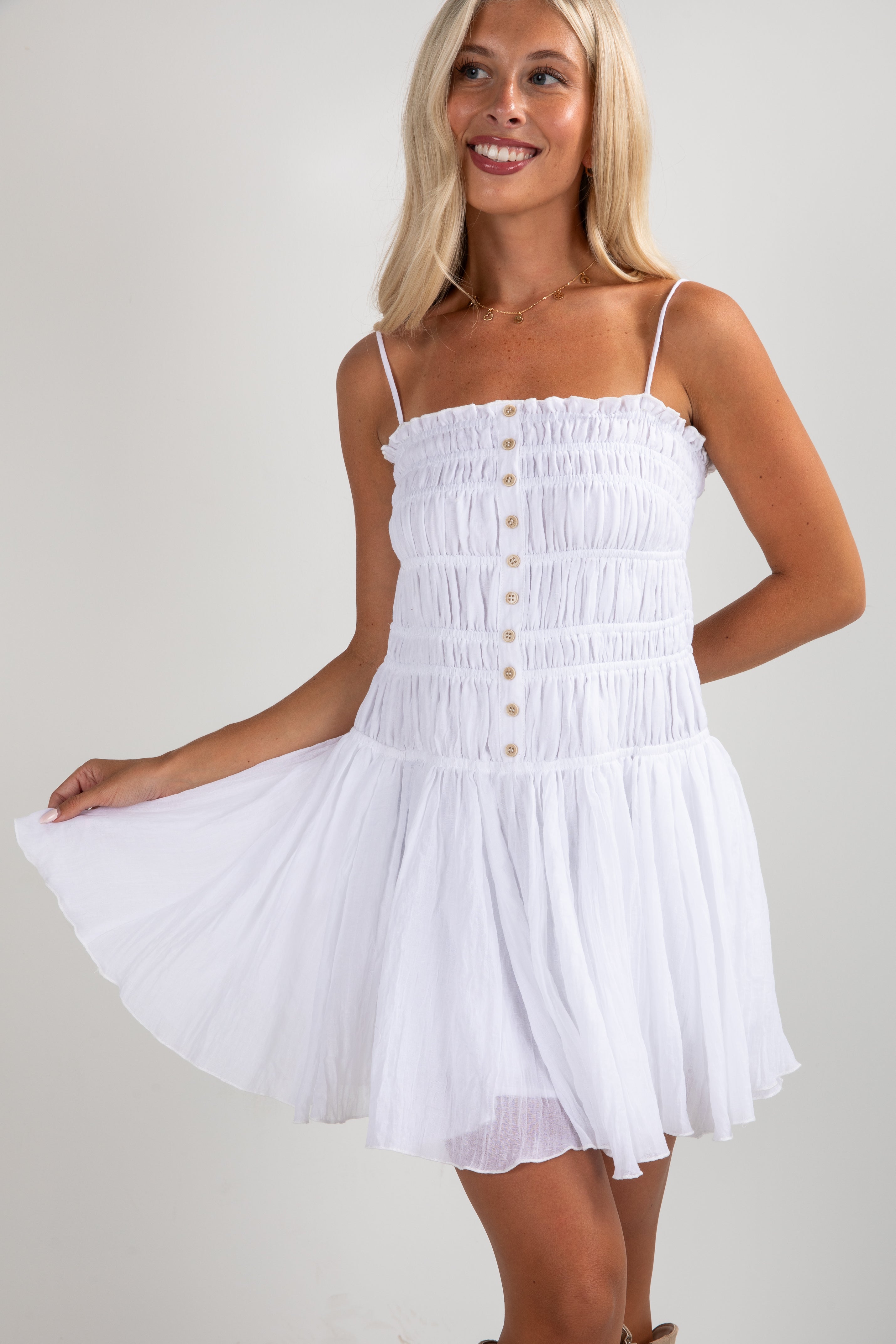 Sweetheart Glam White Smocked Mini Dress