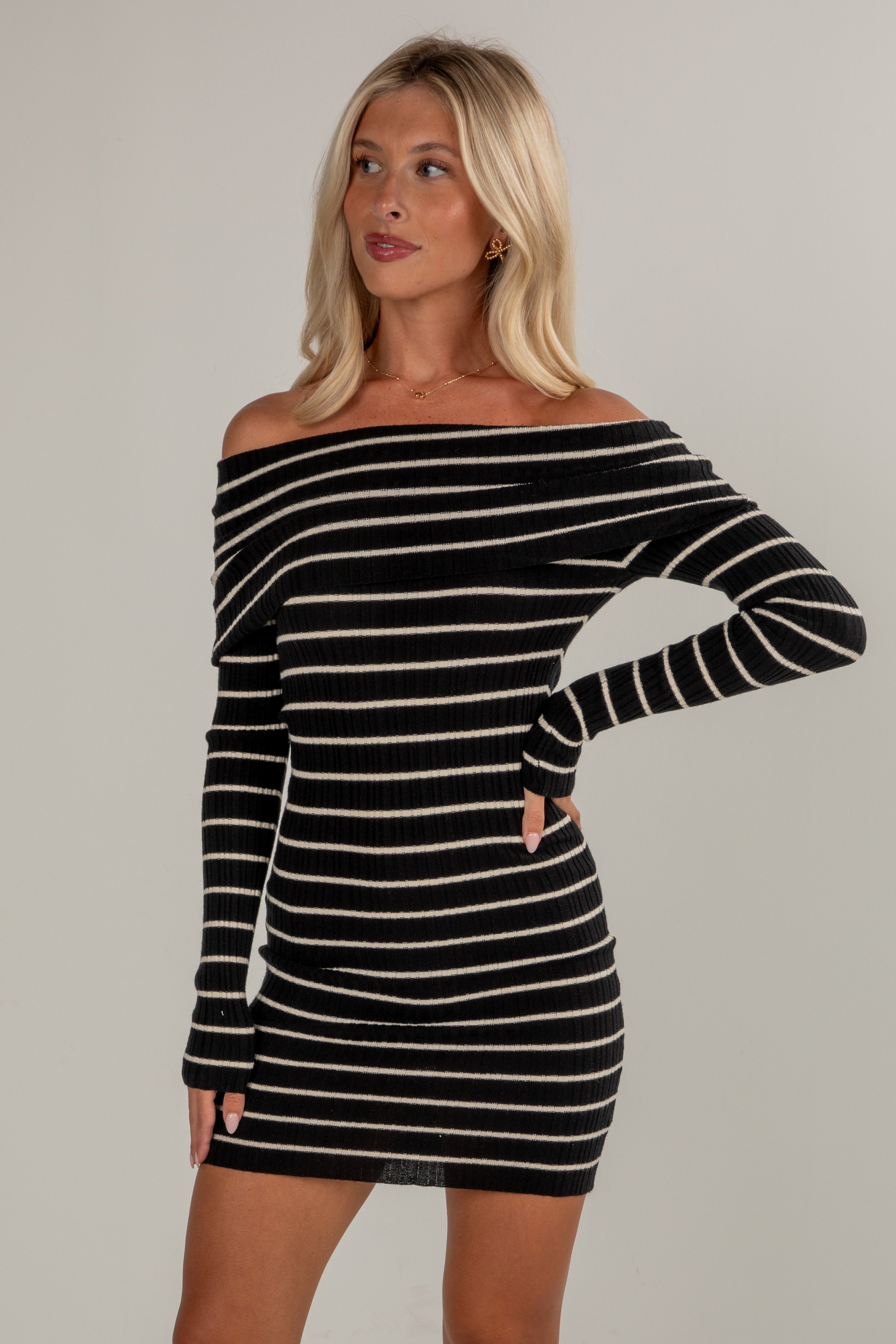 Perfectly Classic Black Striped Off-The-Shoulder Knit Mini Dress