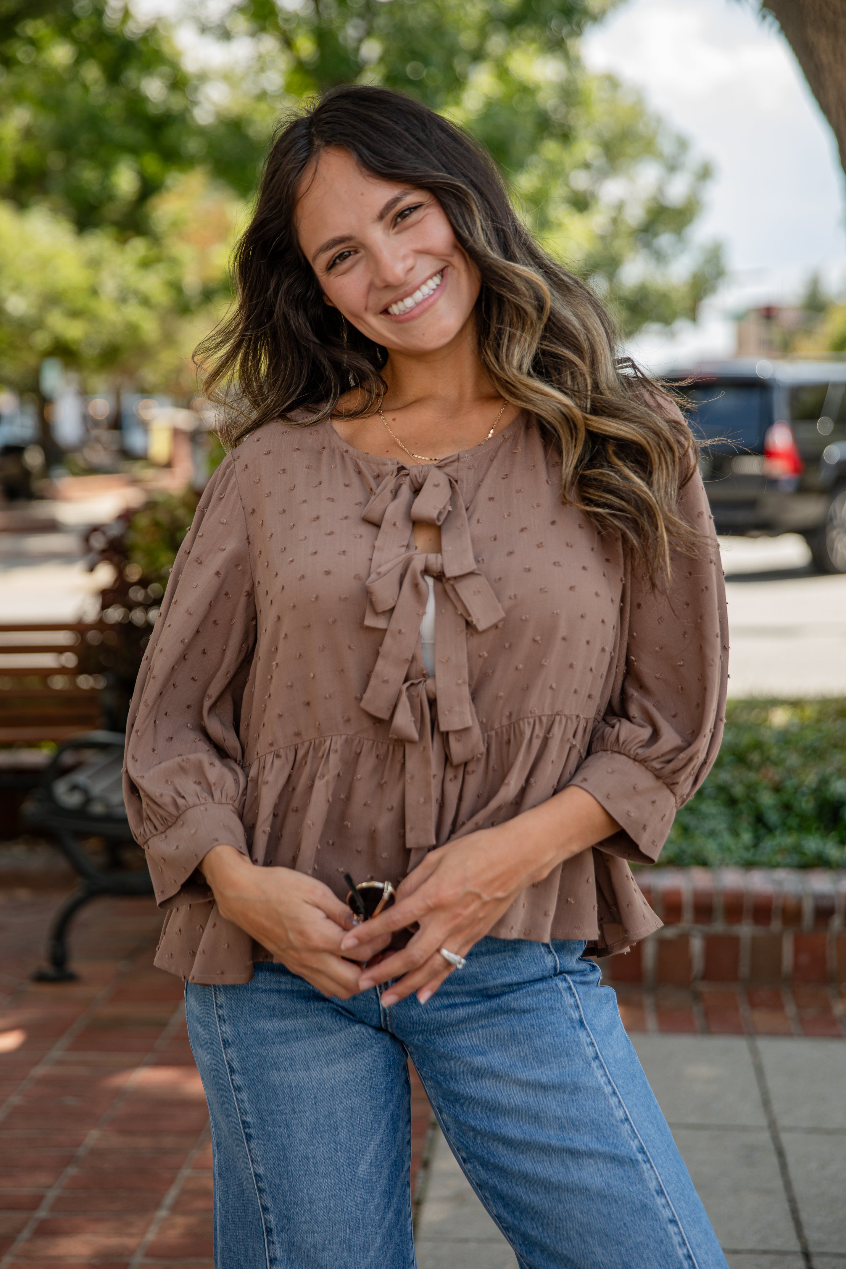 Fall For Me Mocha Tie Blouse