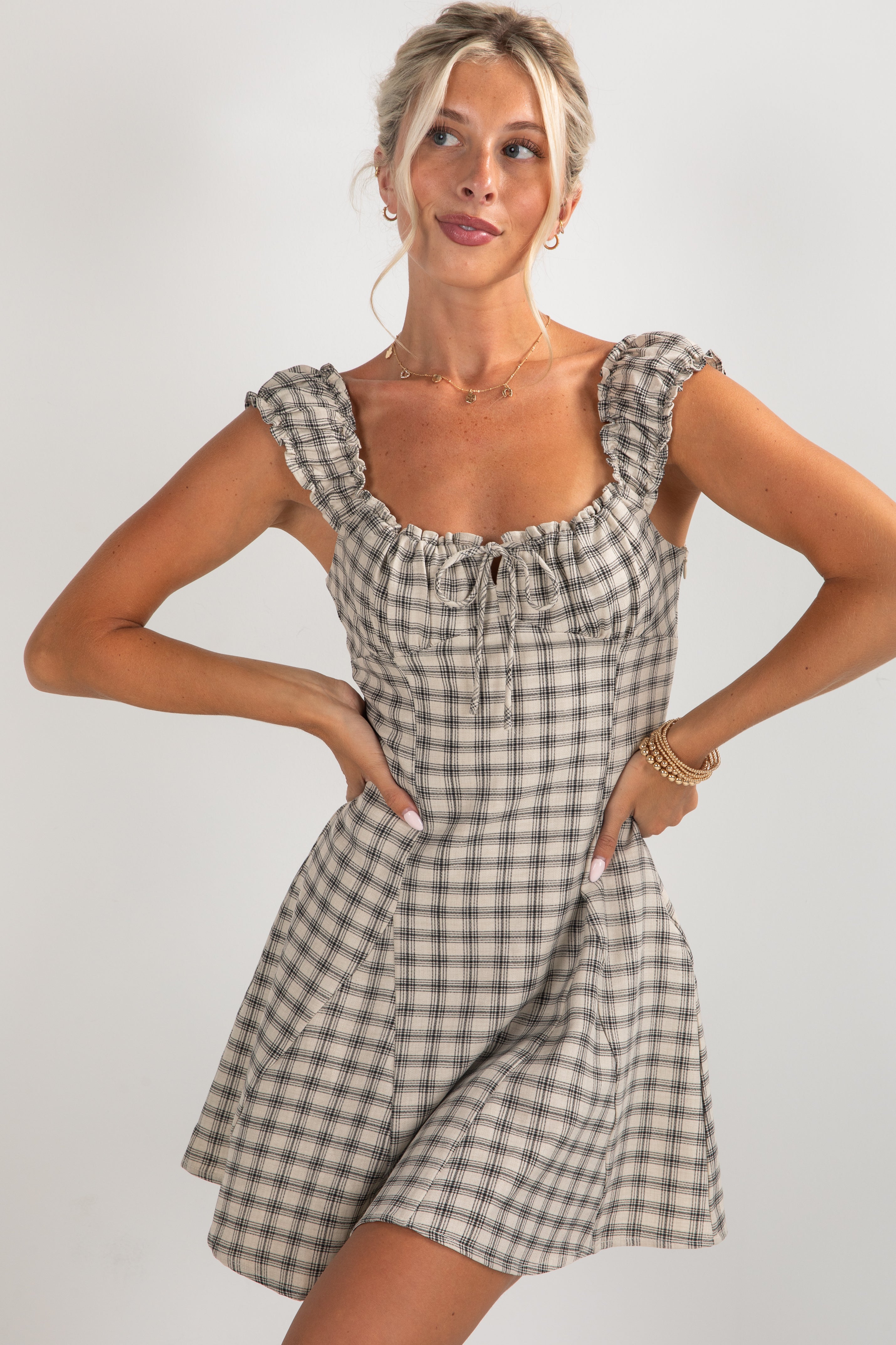 See It Through Cream Plaid Mini Dress
