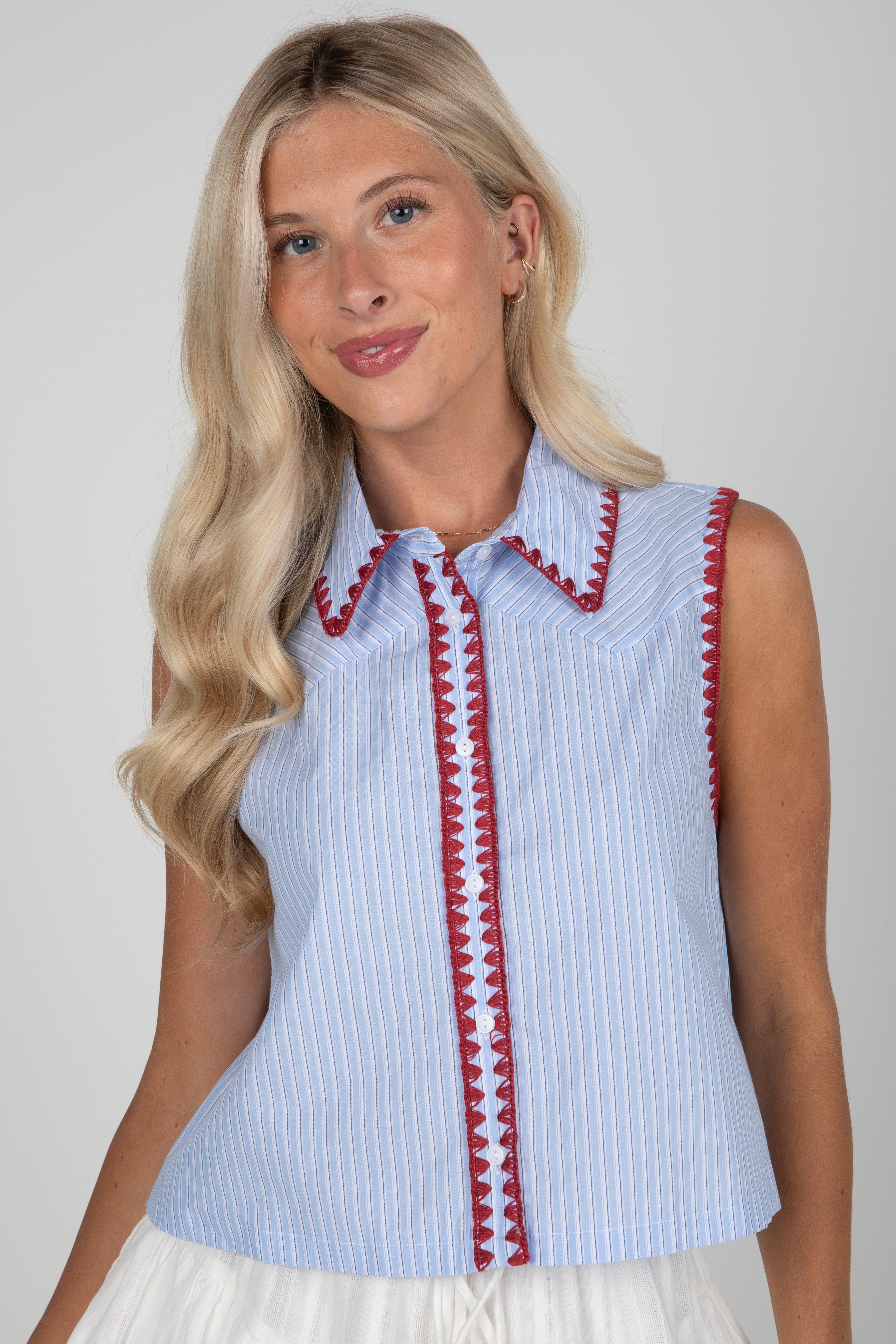 Sophisticated Company Blue Striped Collared Tank