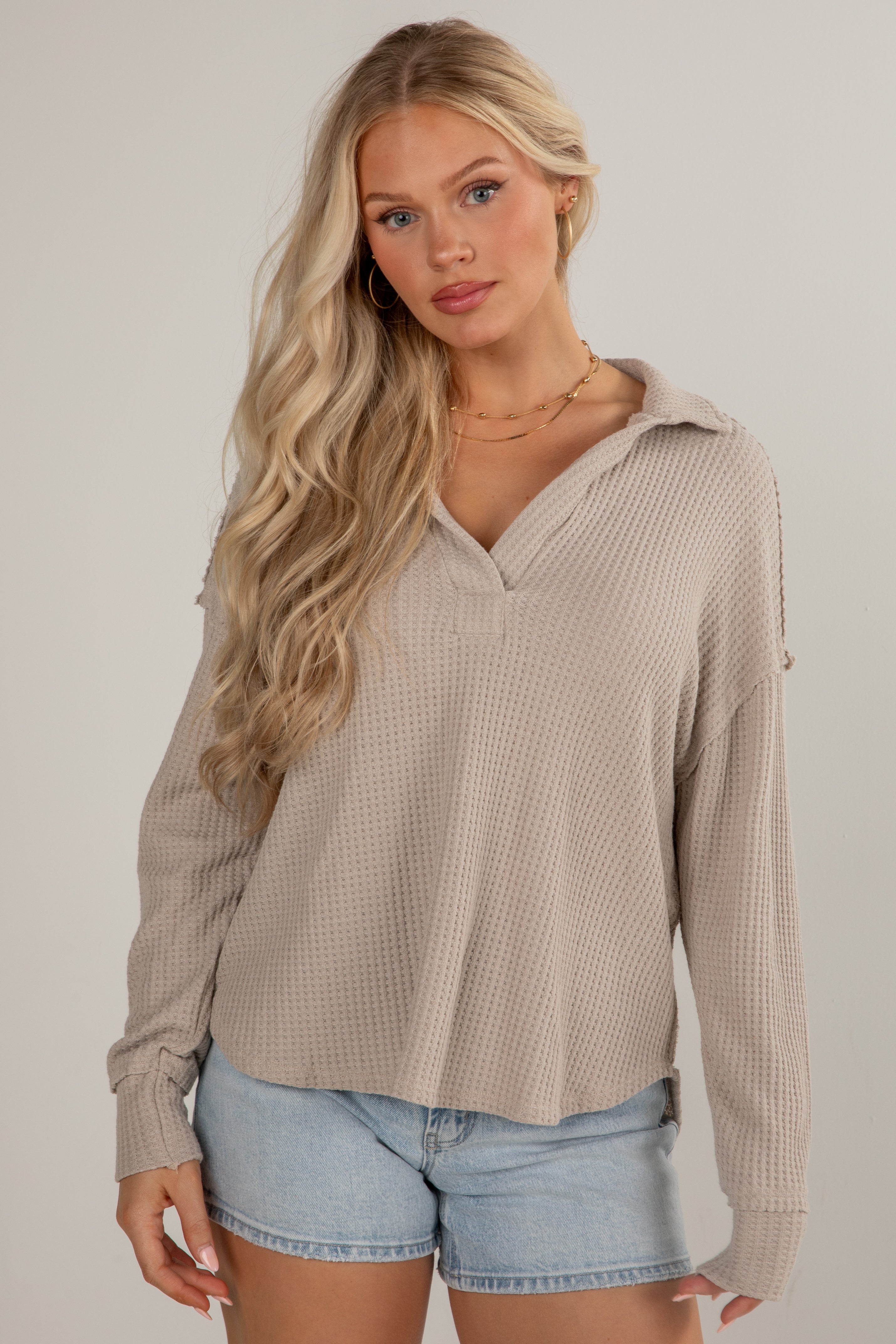 Casual Coziness Collared Waffle Knit Top
