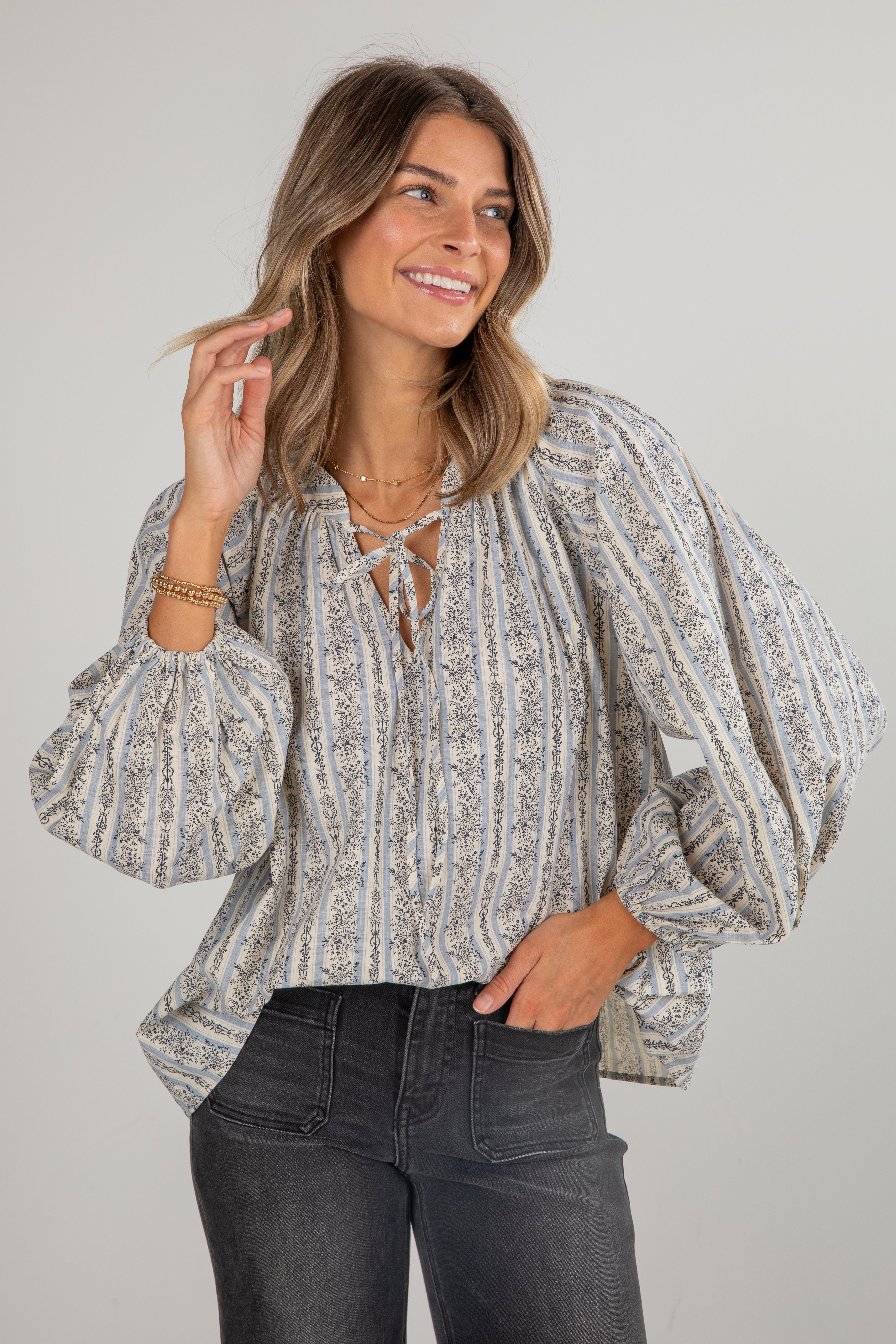 Forever In Love Light Blue Floral Striped Blouse