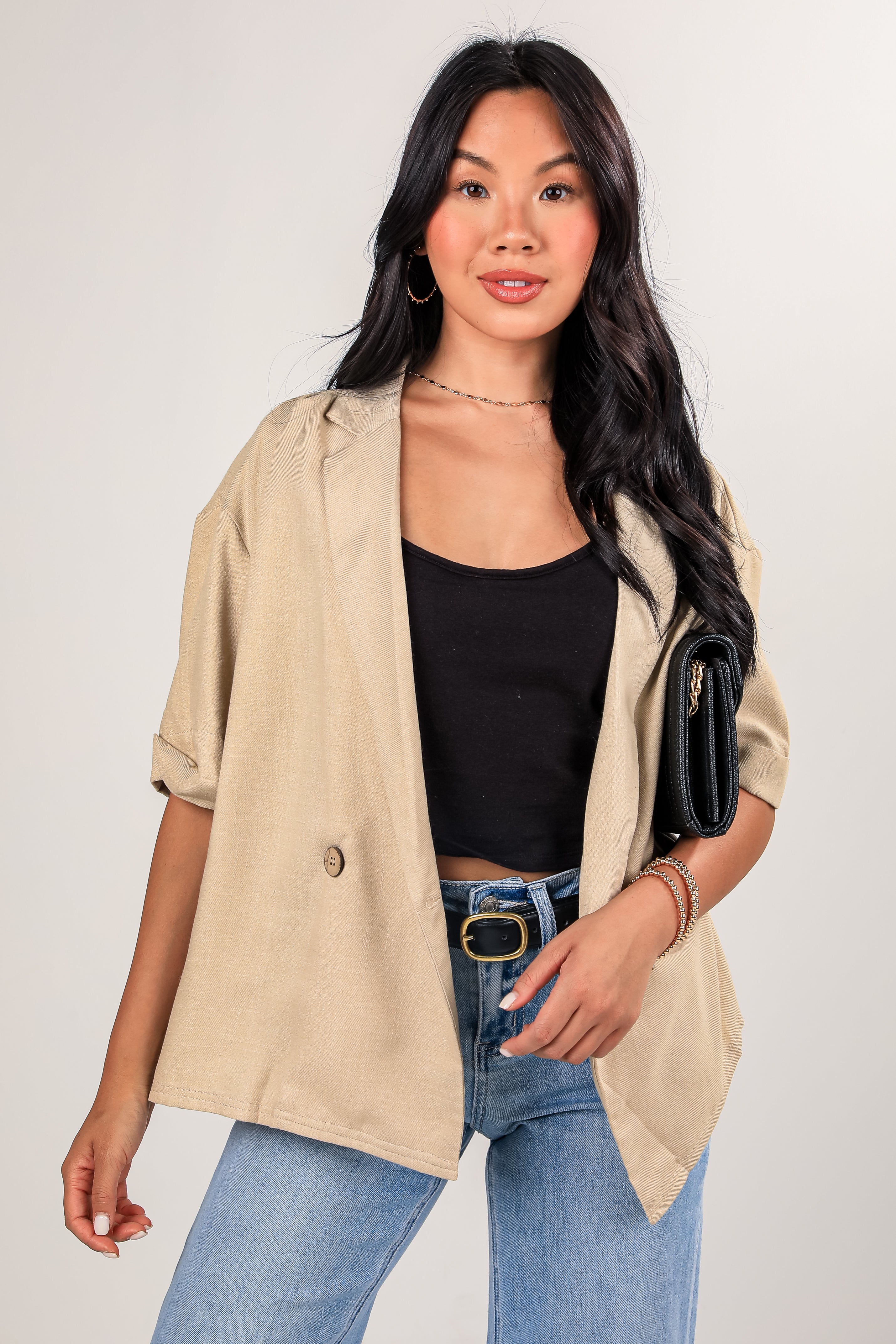 What Comes Next Oatmeal Short Sleeve Blazer