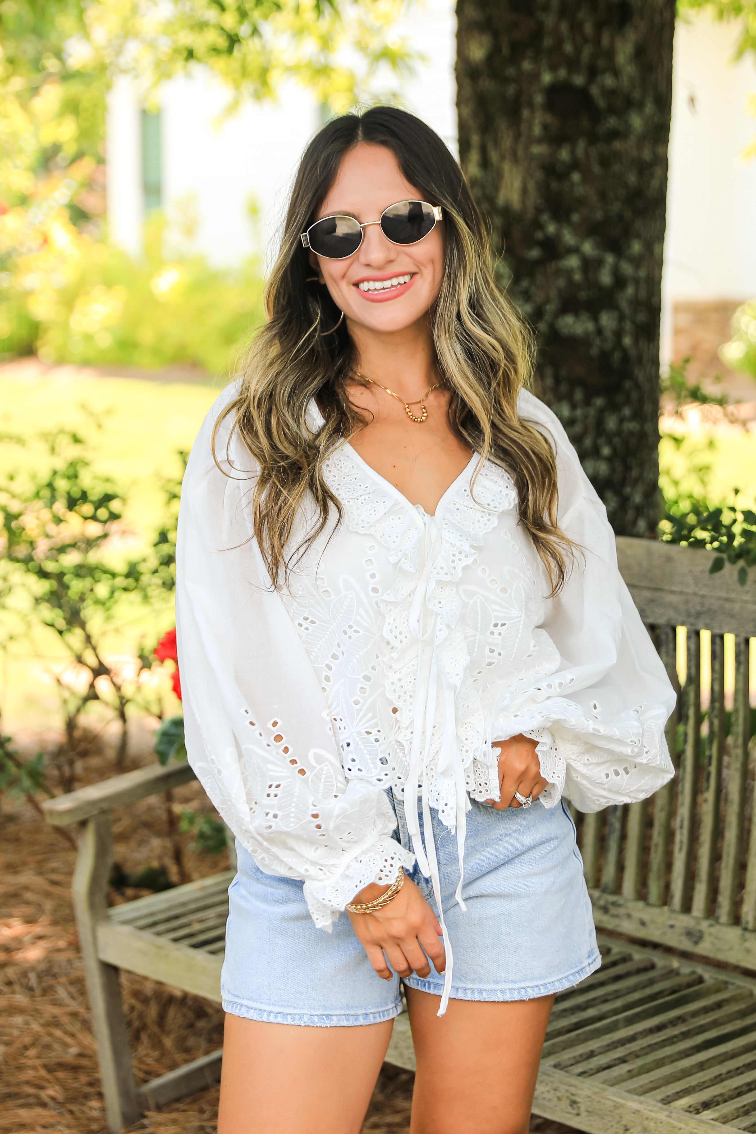 Filled With Joy White Eyelet Tie Blouse
