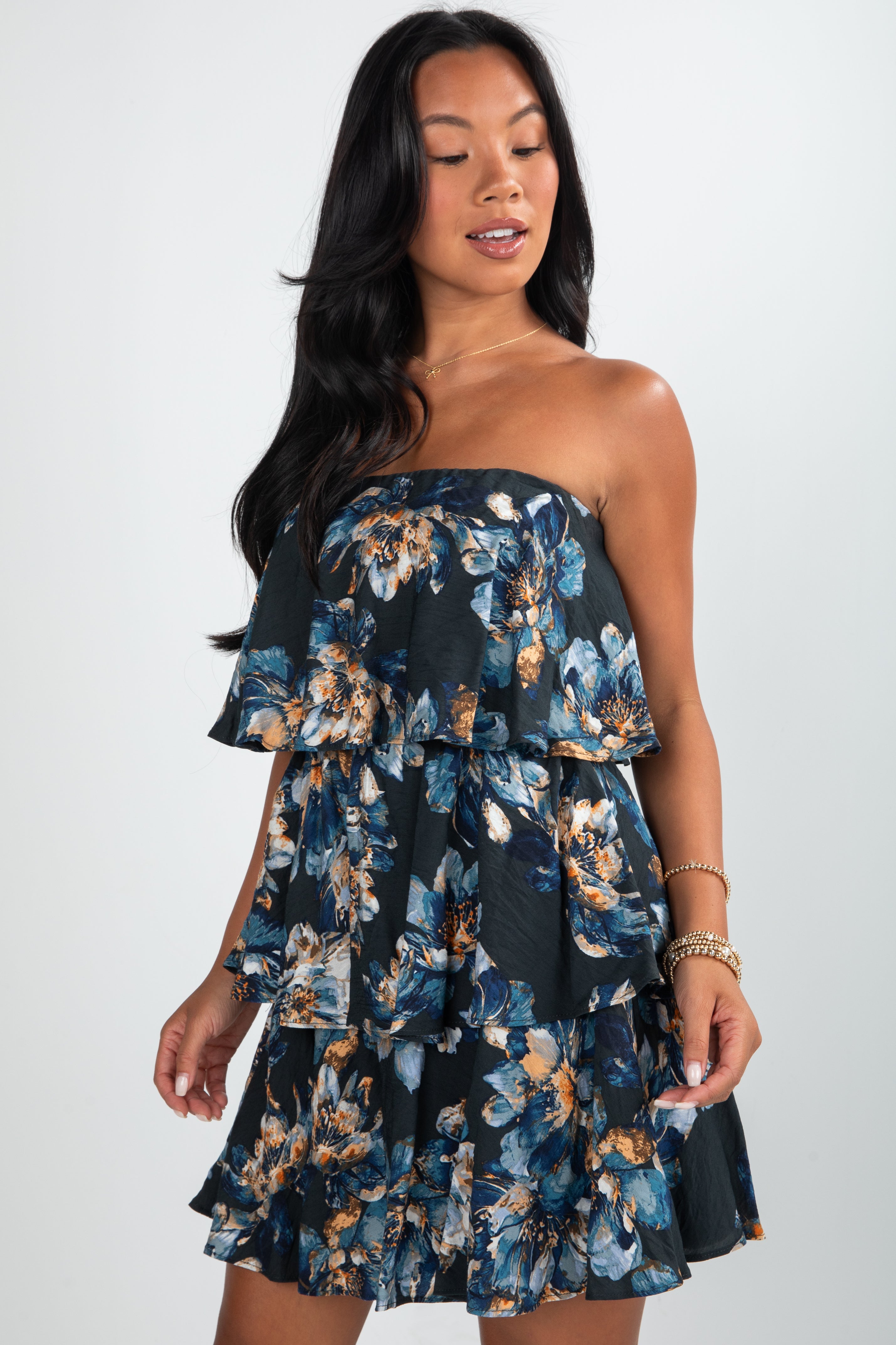 The Reason Why Navy Floral Strapless Mini Dress