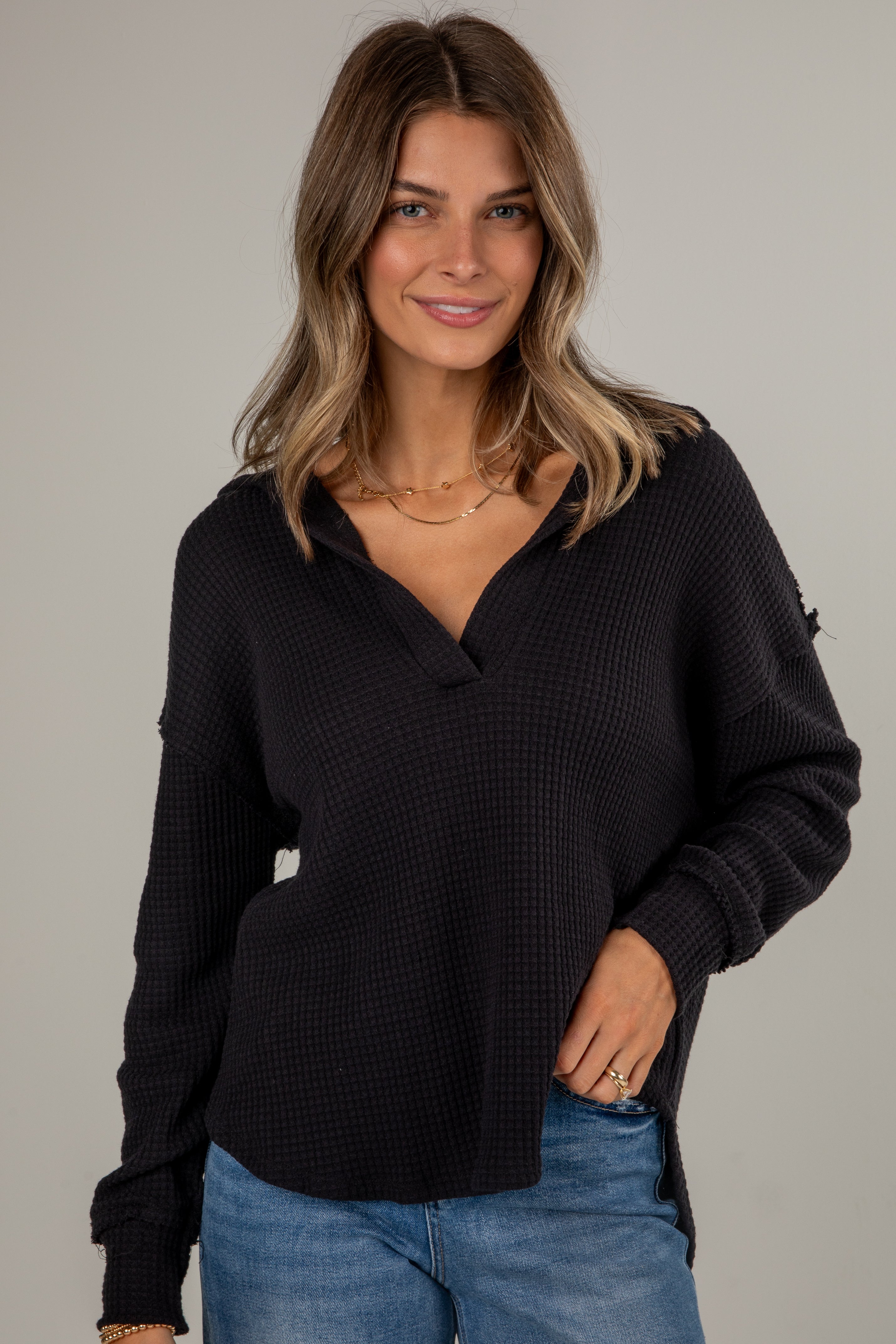 Casual Coziness Collared Waffle Knit Top