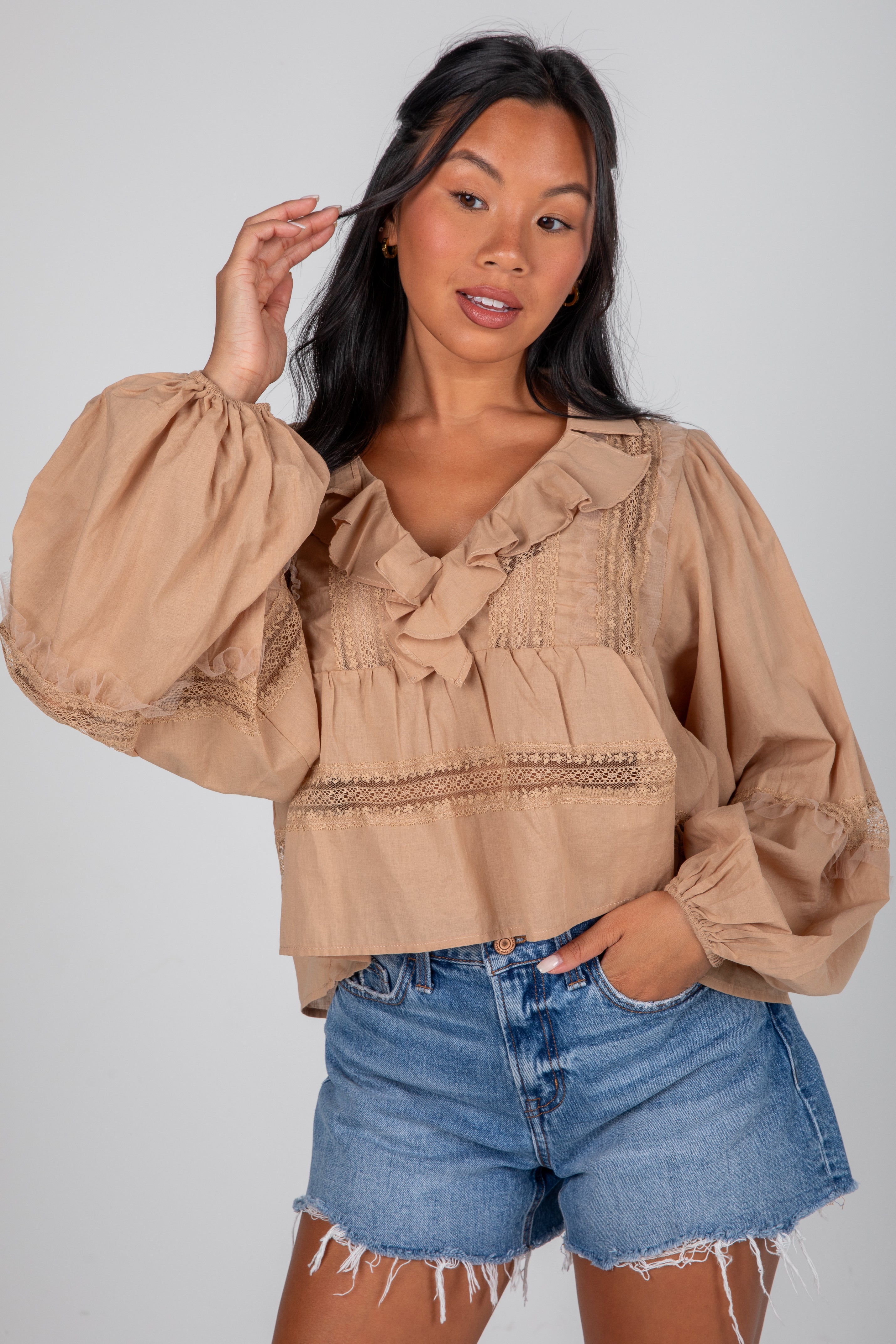 Own The Moment Taupe Lace Ruffle Blouse