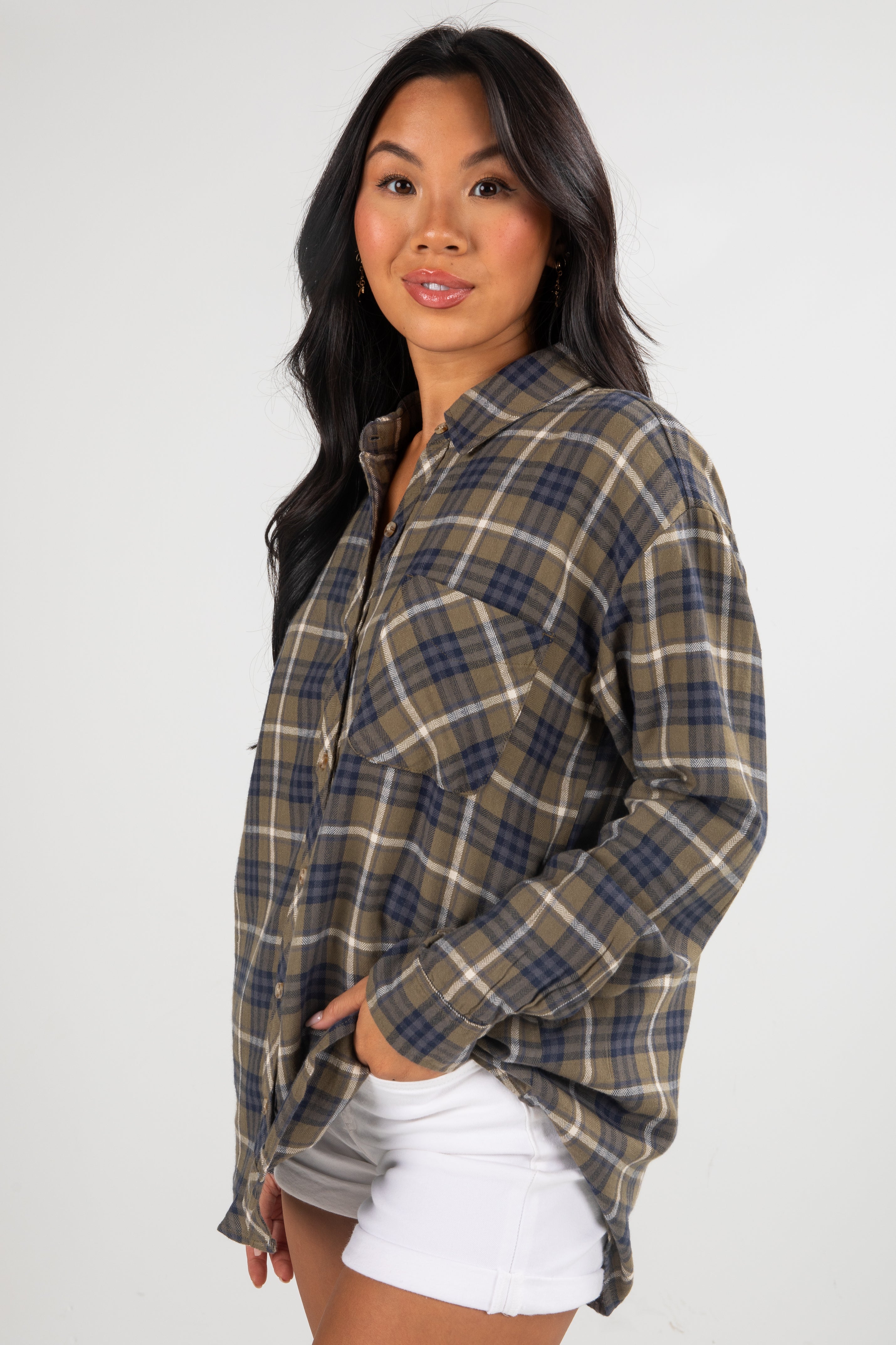 Coming Back For You Olive Plaid Flannel