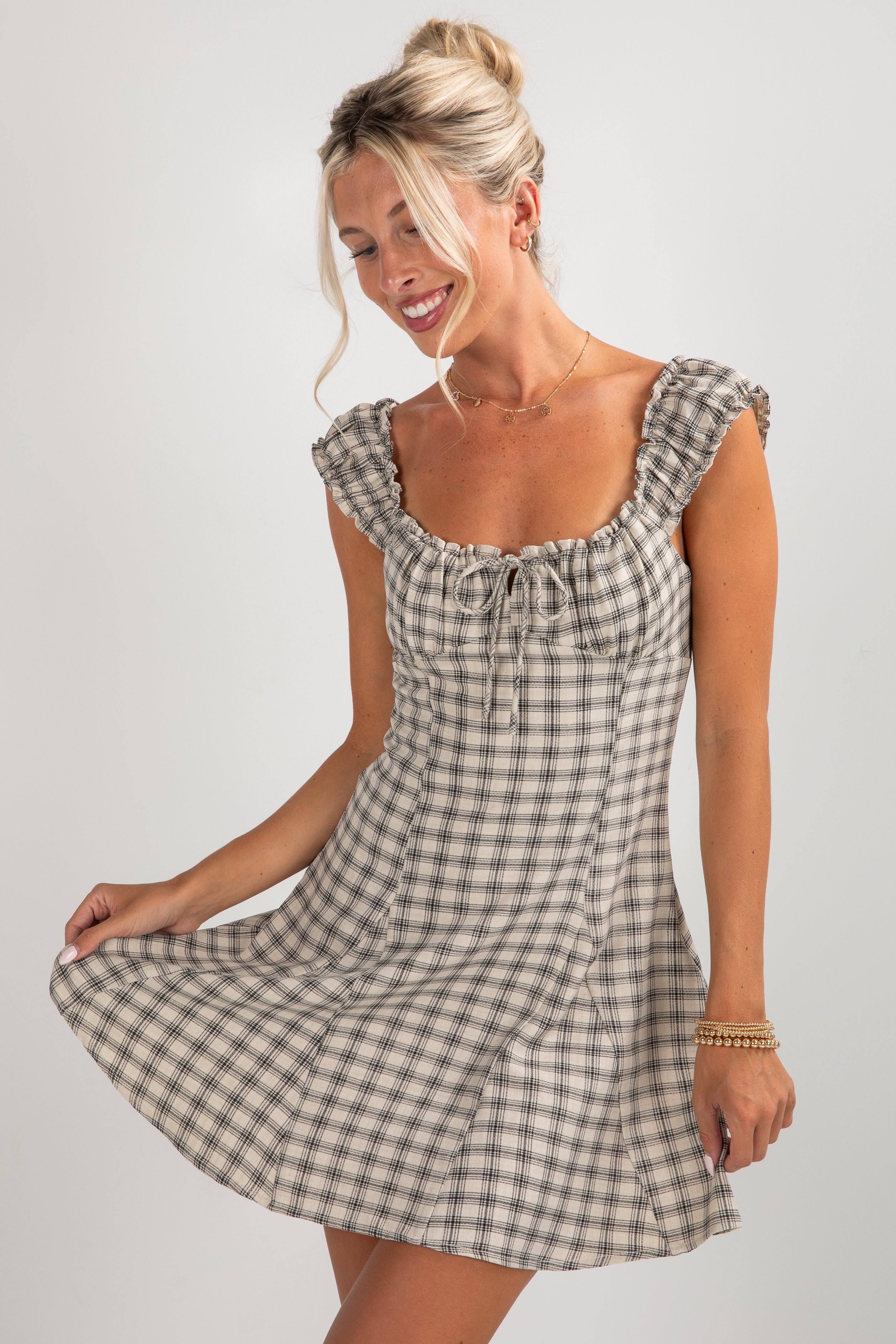 See It Through Cream Plaid Mini Dress