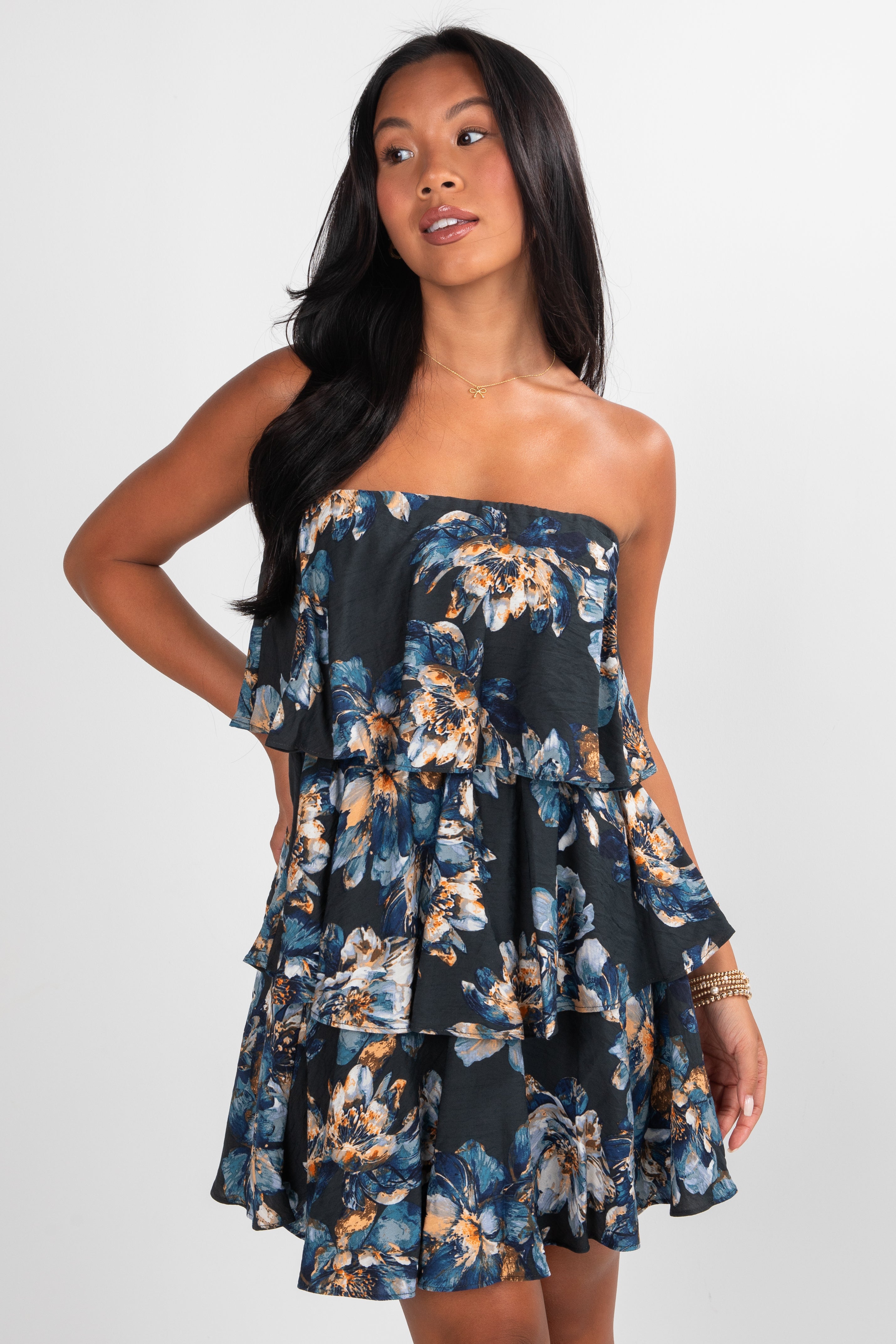 The Reason Why Navy Floral Strapless Mini Dress