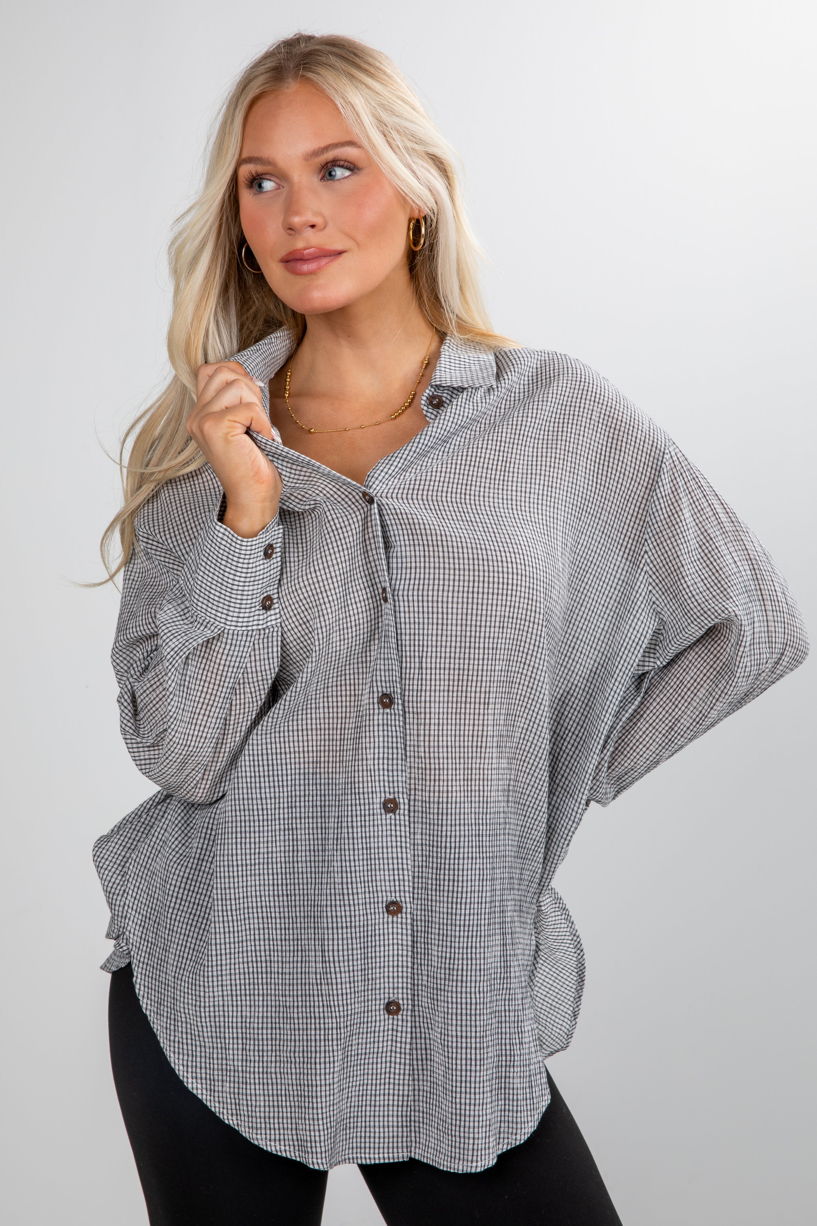 Happily Yours Plaid Oversized Button-Up Blouse