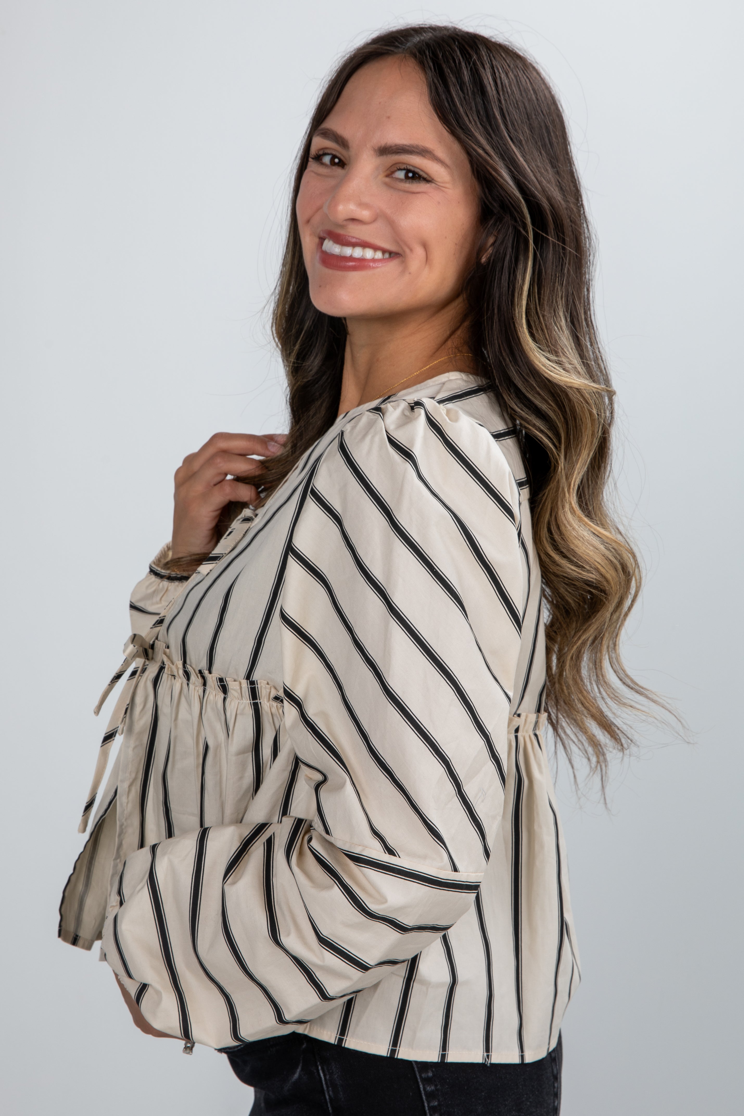 Classy Attitude Cream Striped Tie Blouse