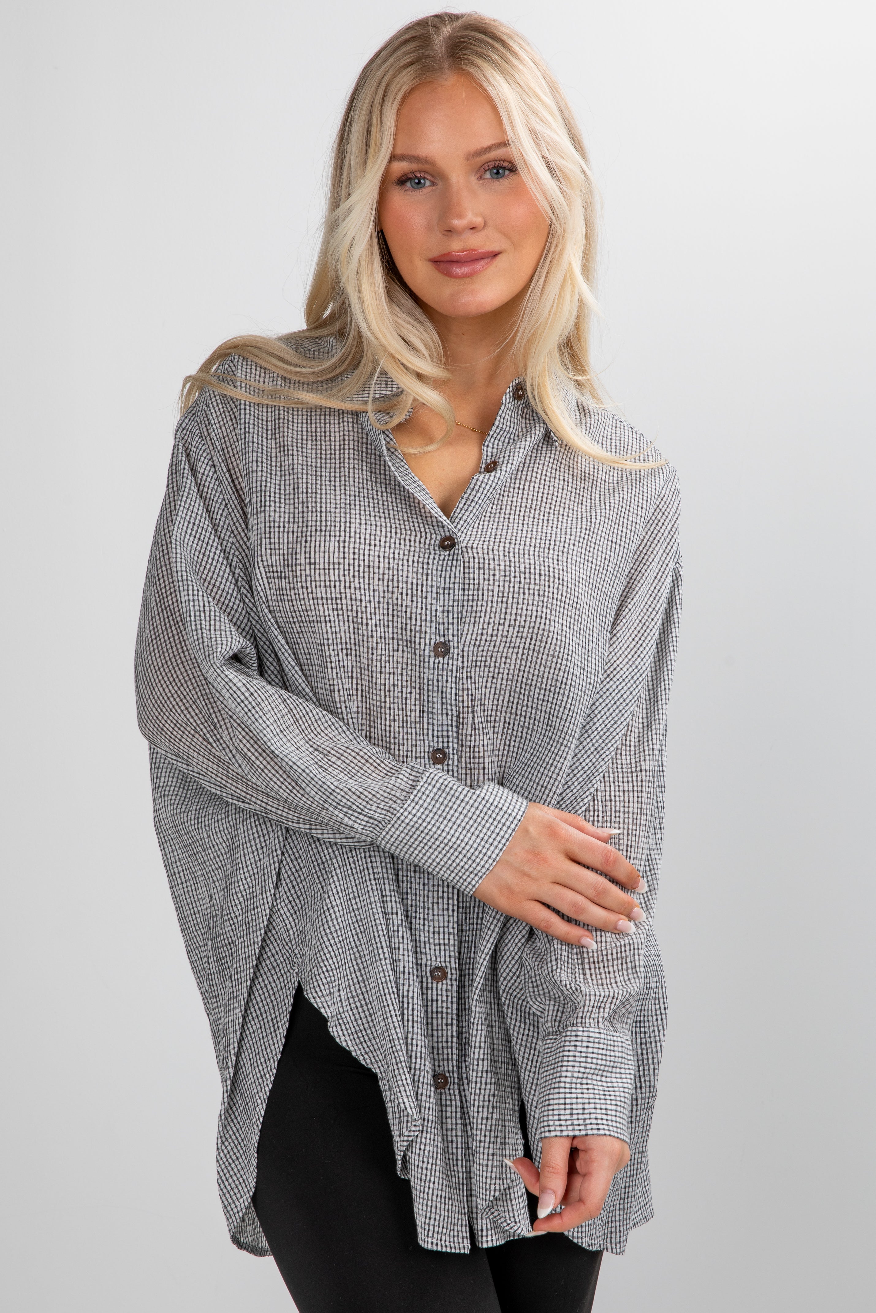 Happily Yours Plaid Oversized Button-Up Blouse