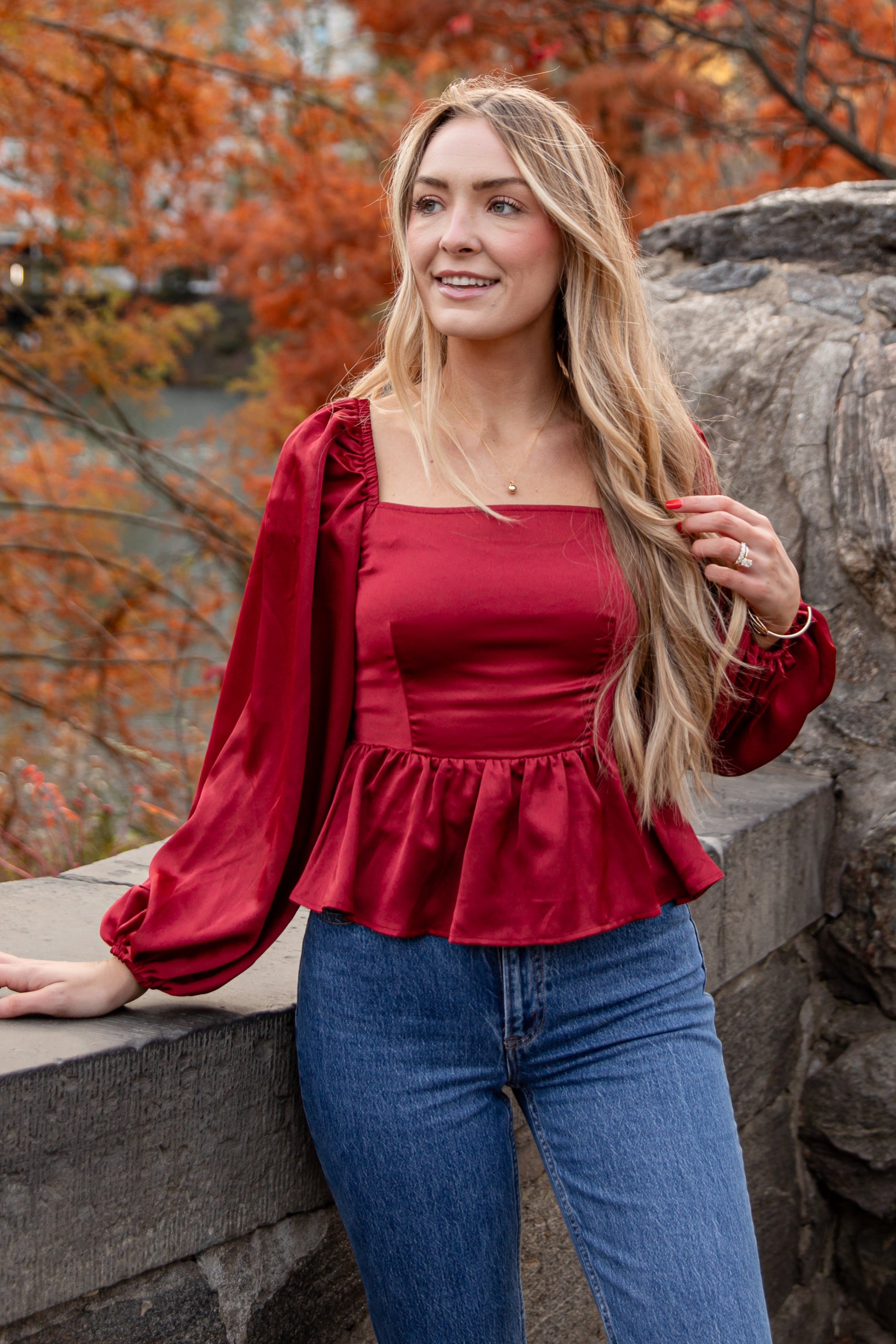 Graceful Presence Burgundy Satin Peplum Blouse