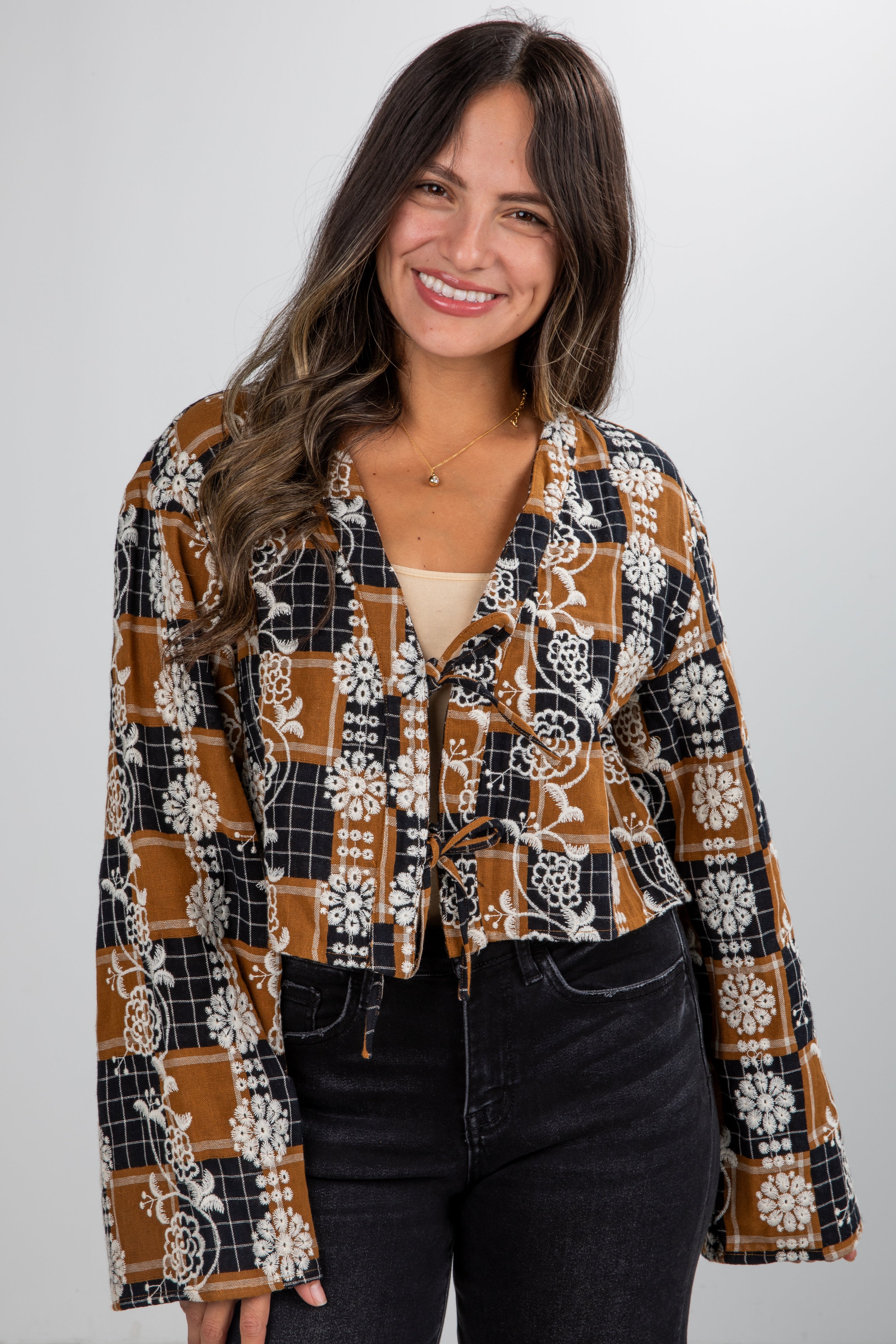 Wonderful Times Black Plaid Embroidered Tie Blouse