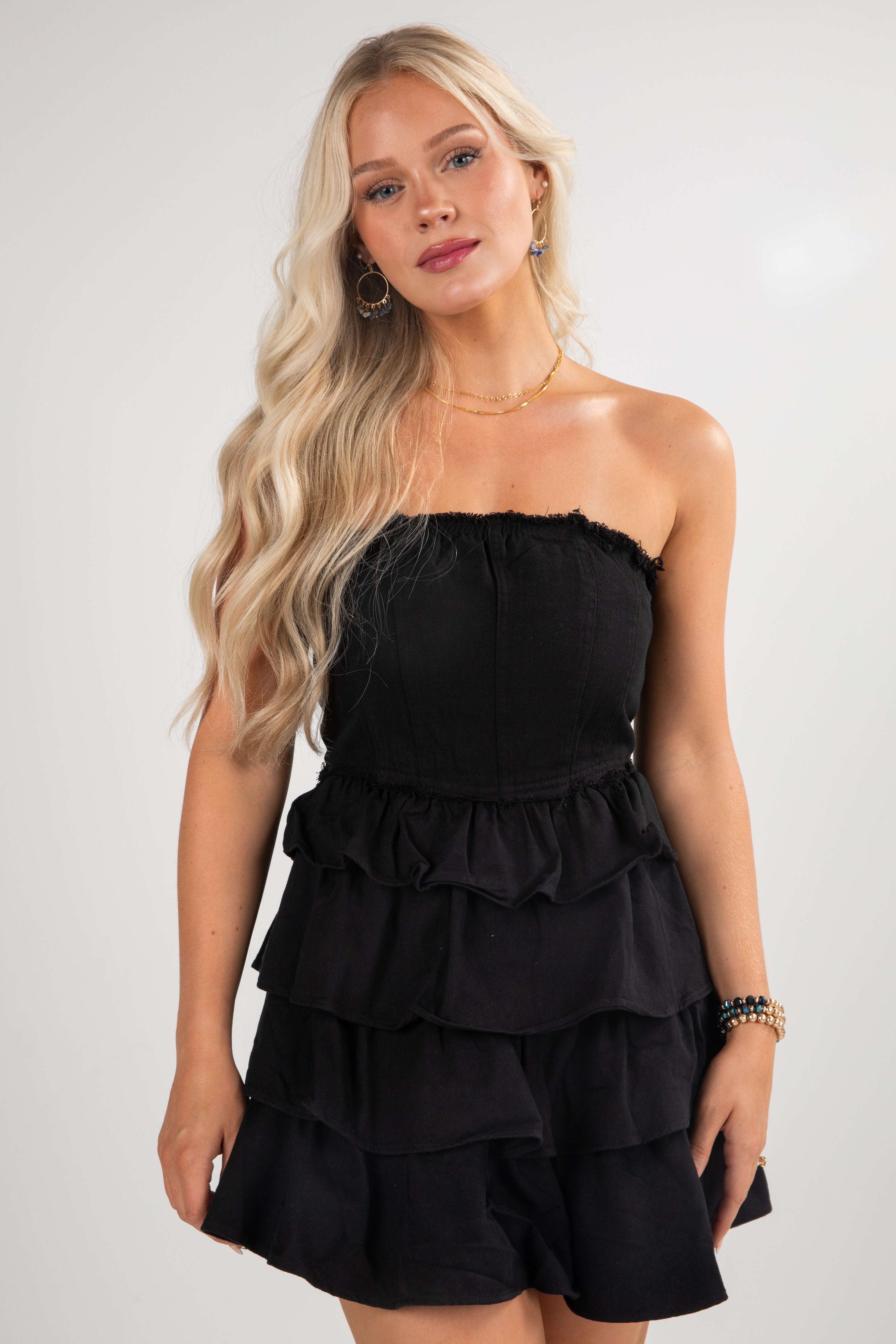 First Down Tiered Strapless Mini Dress