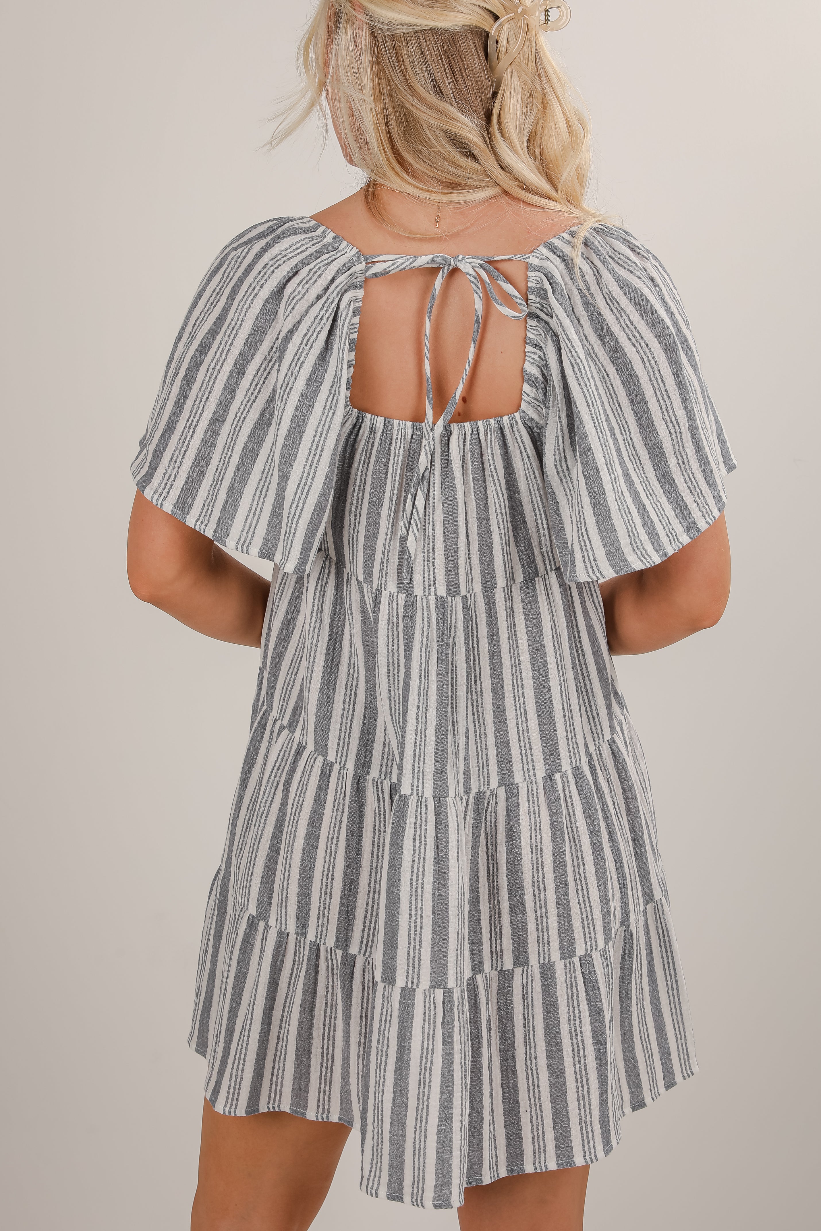 Hold Your Breath Denim Striped Linen Tiered Mini Dress
