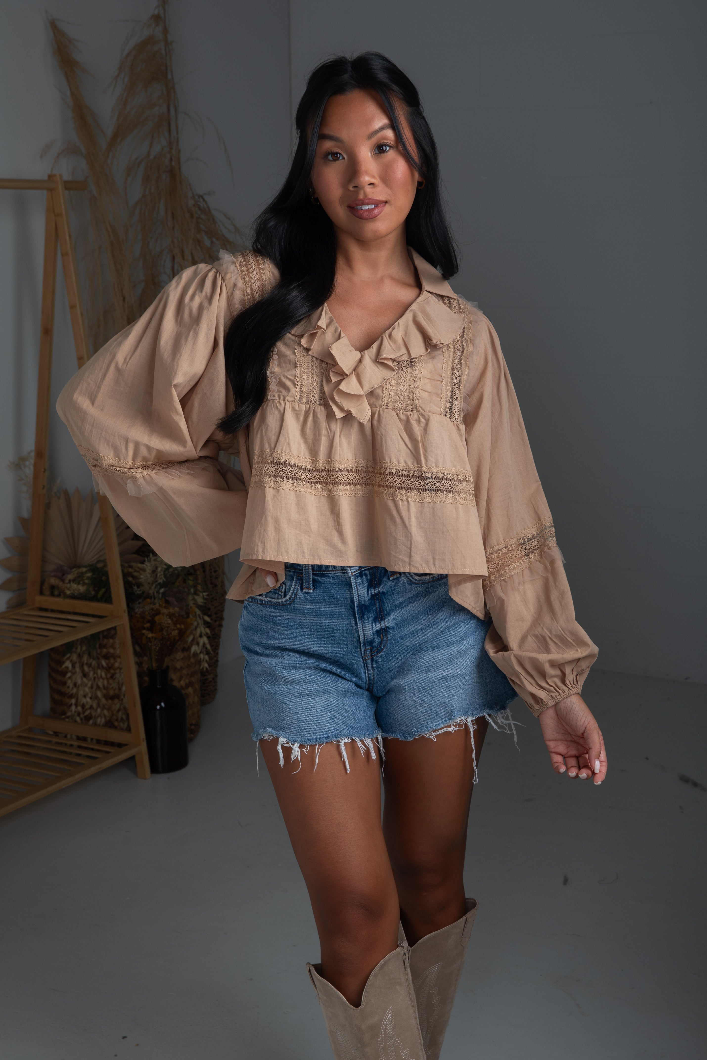 Own The Moment Taupe Lace Ruffle Blouse