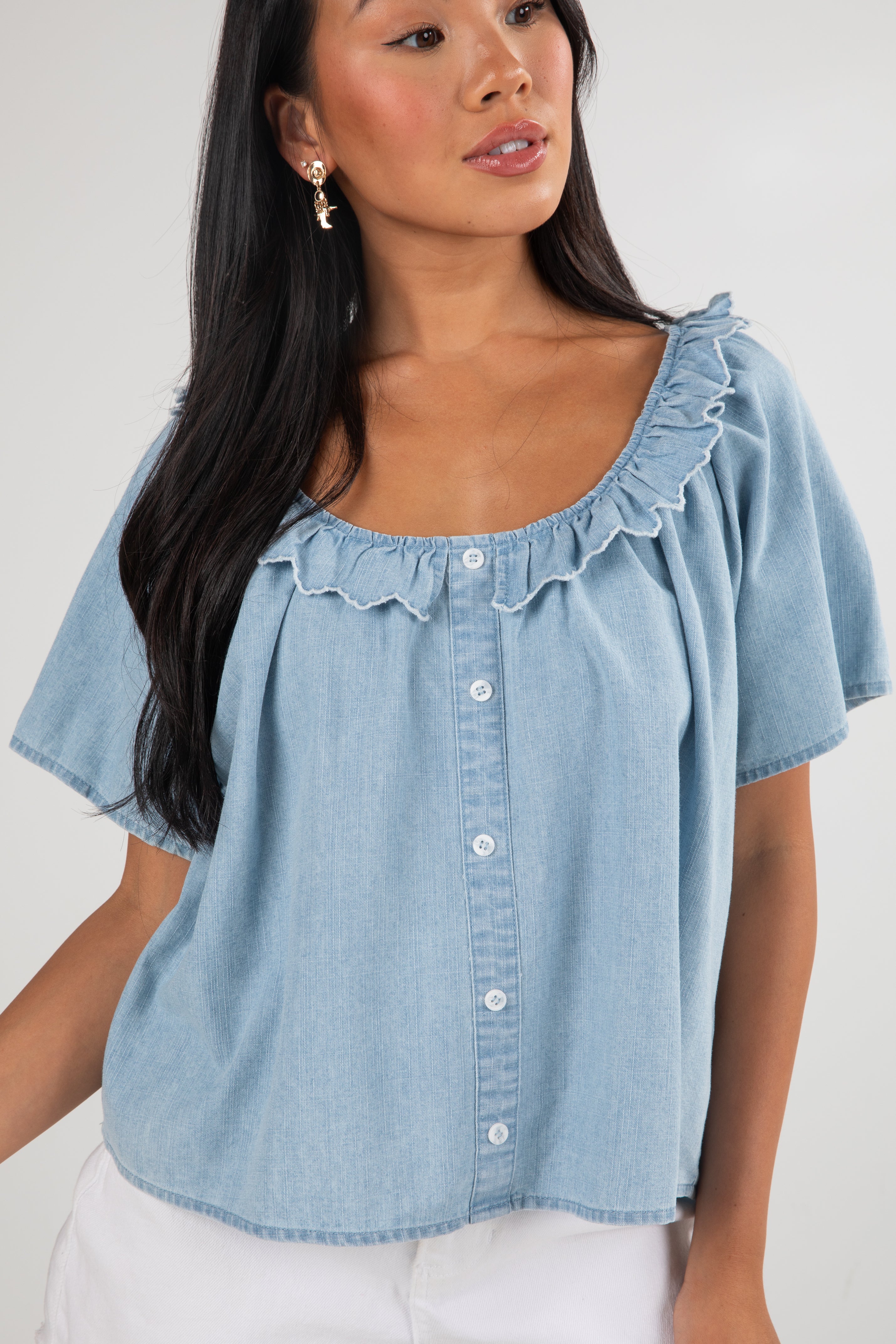Something New Light Denim Blouse
