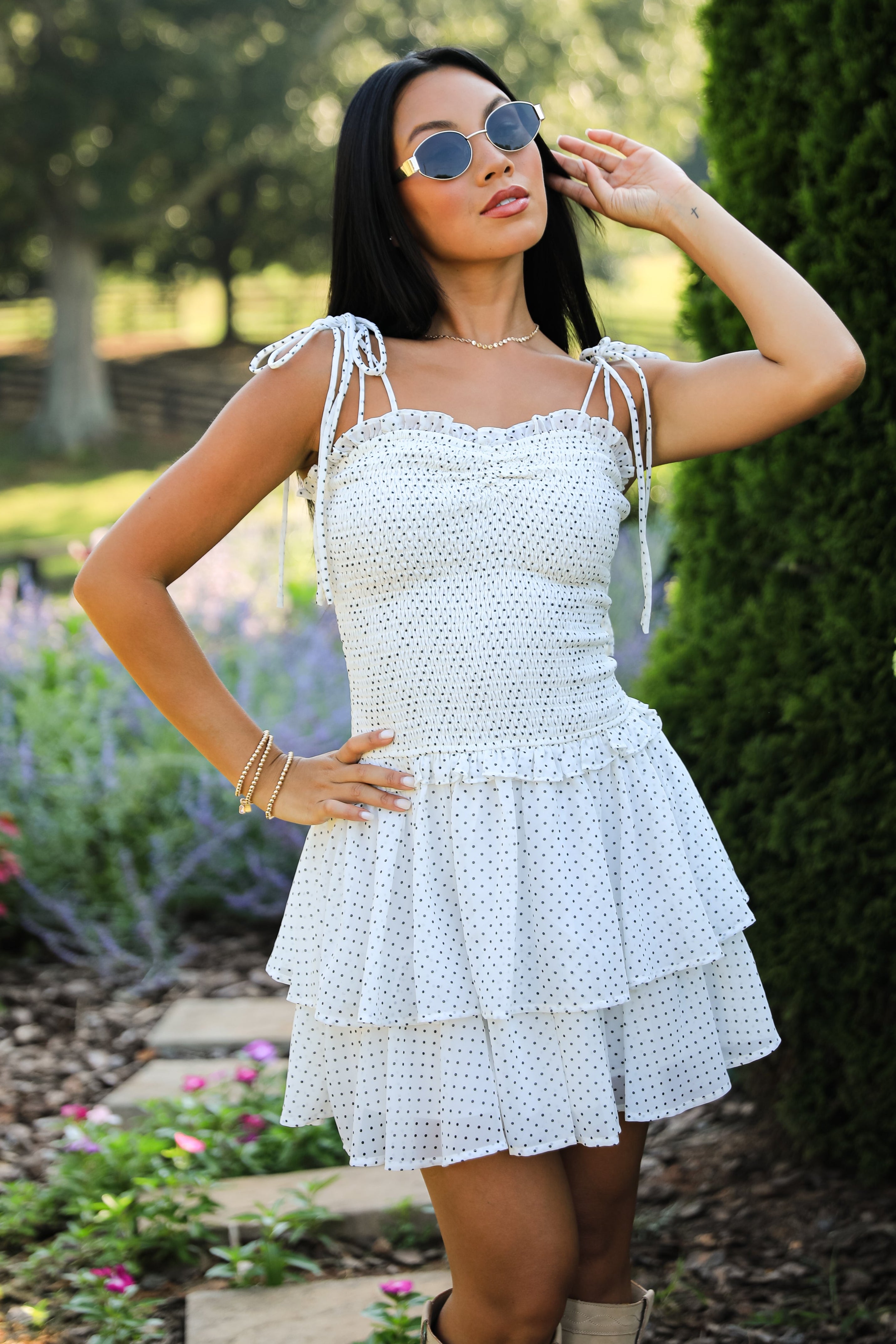 Elegance Awaits White Polka Dot Smocked Mini Dress