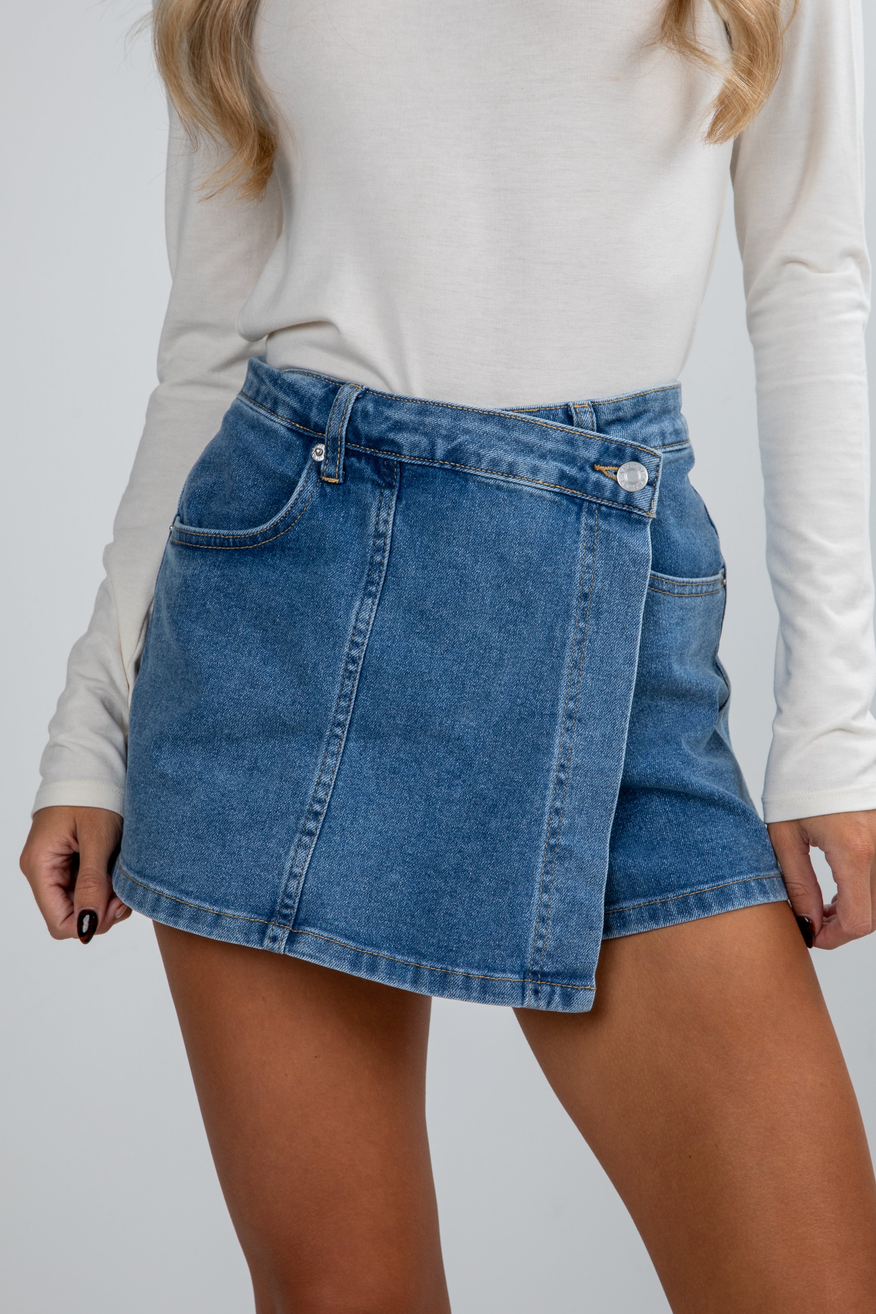 Looking For It Medium Wash Denim Skort