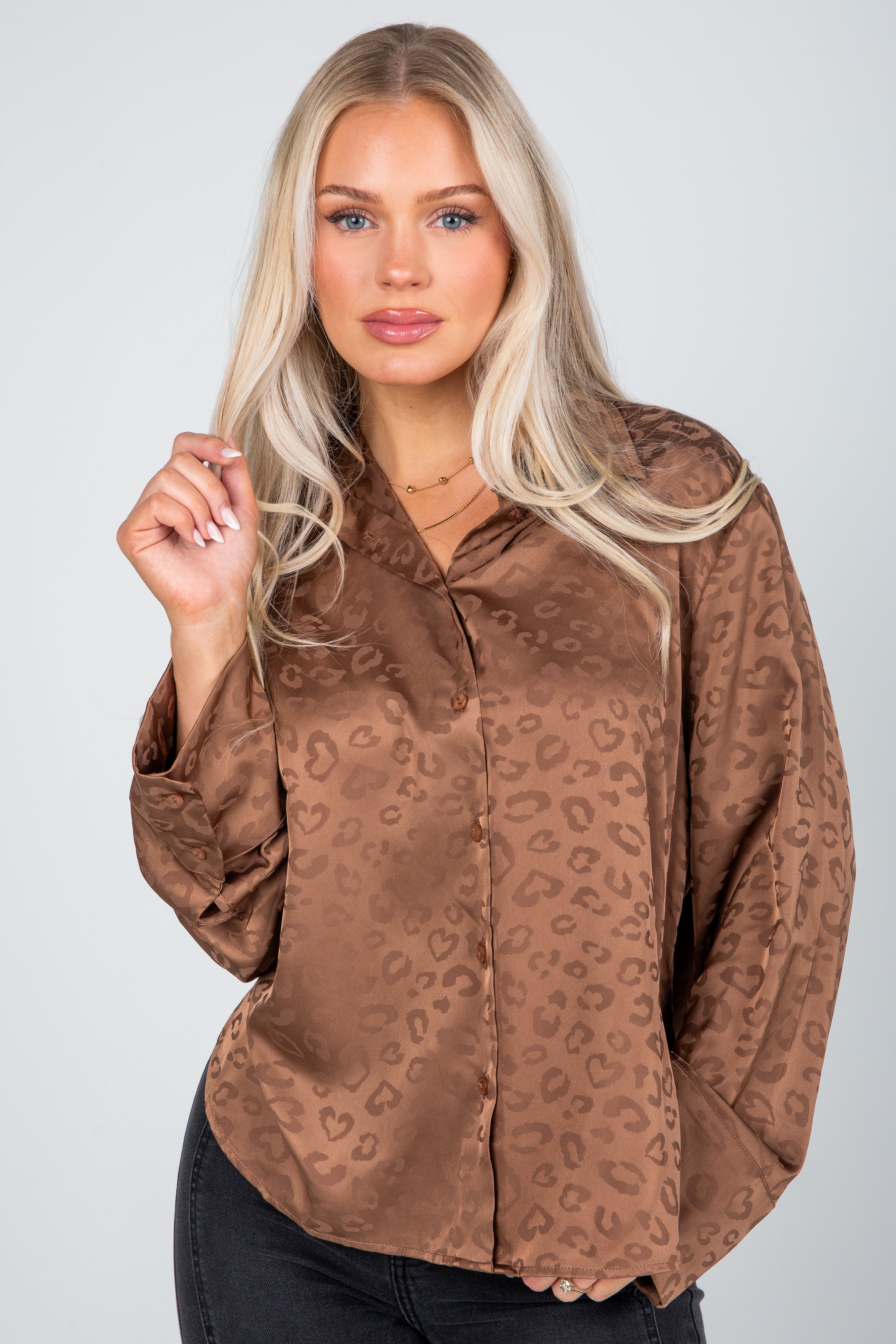 Wild And Free Brown Satin Leopard Button-Up Blouse