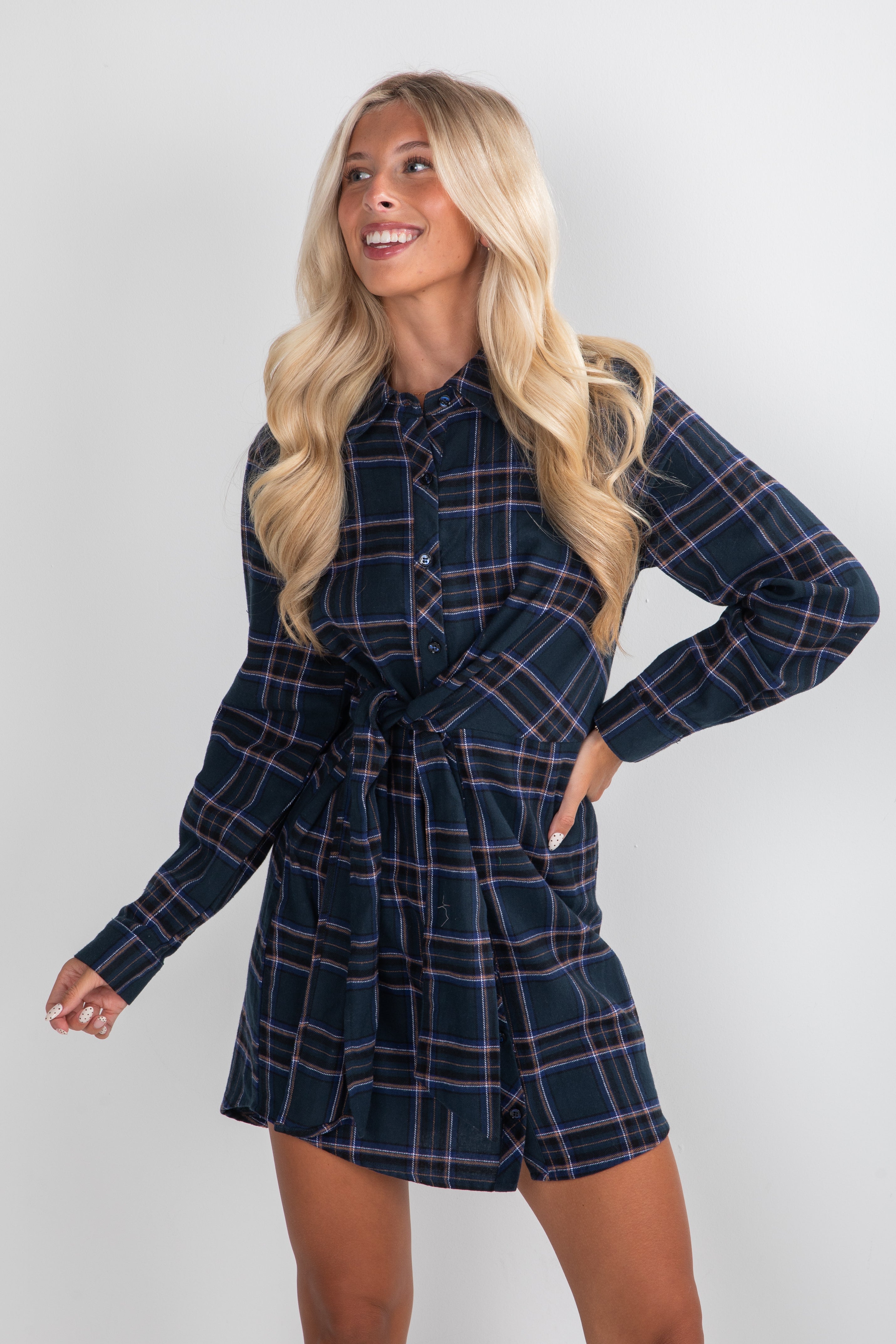 Calling On You Teal Plaid Flannel Mini Dress