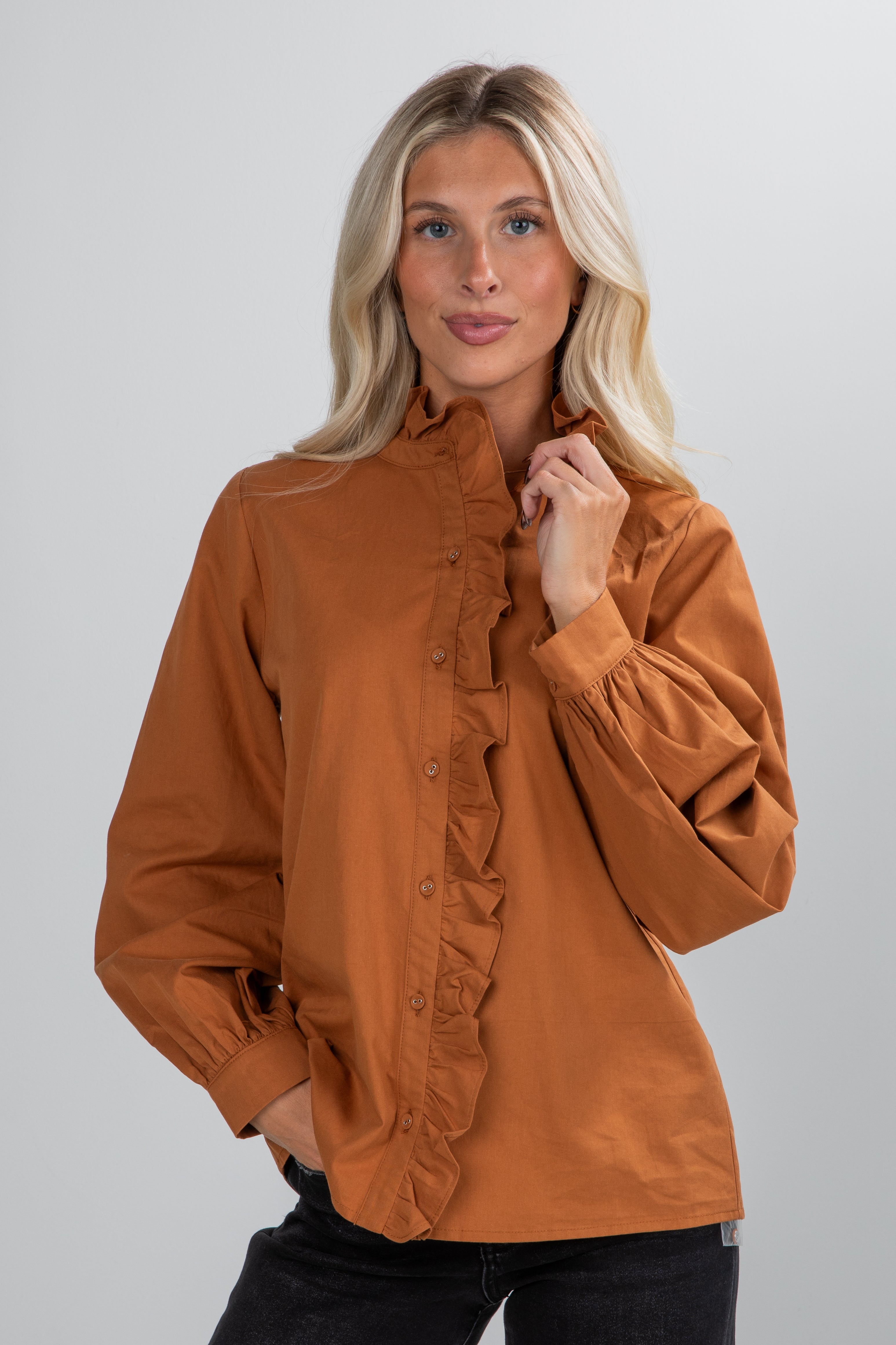 Marvelous Darling Camel Ruffle Blouse
