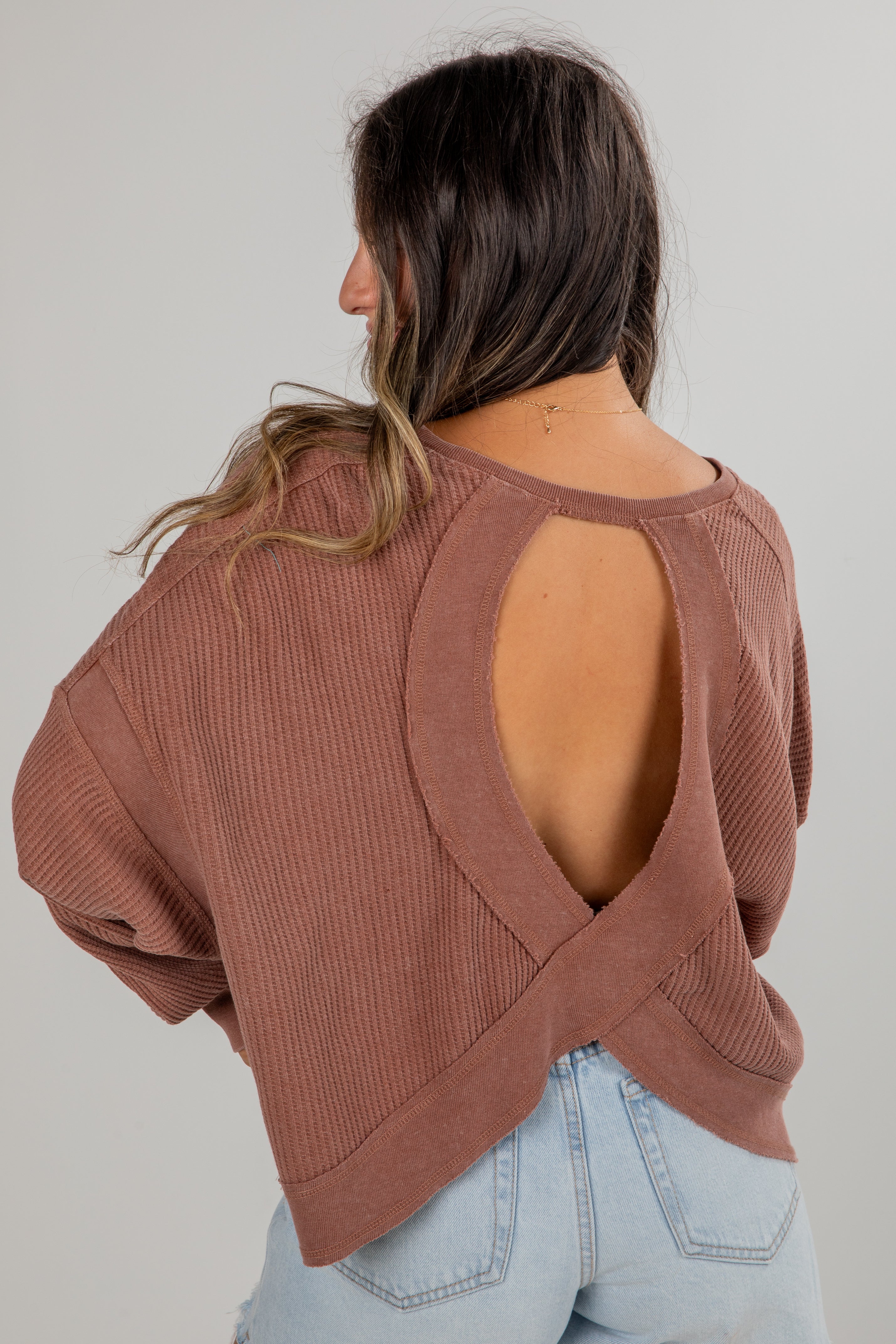 Your Own Time Waffle Knit Open Back Top