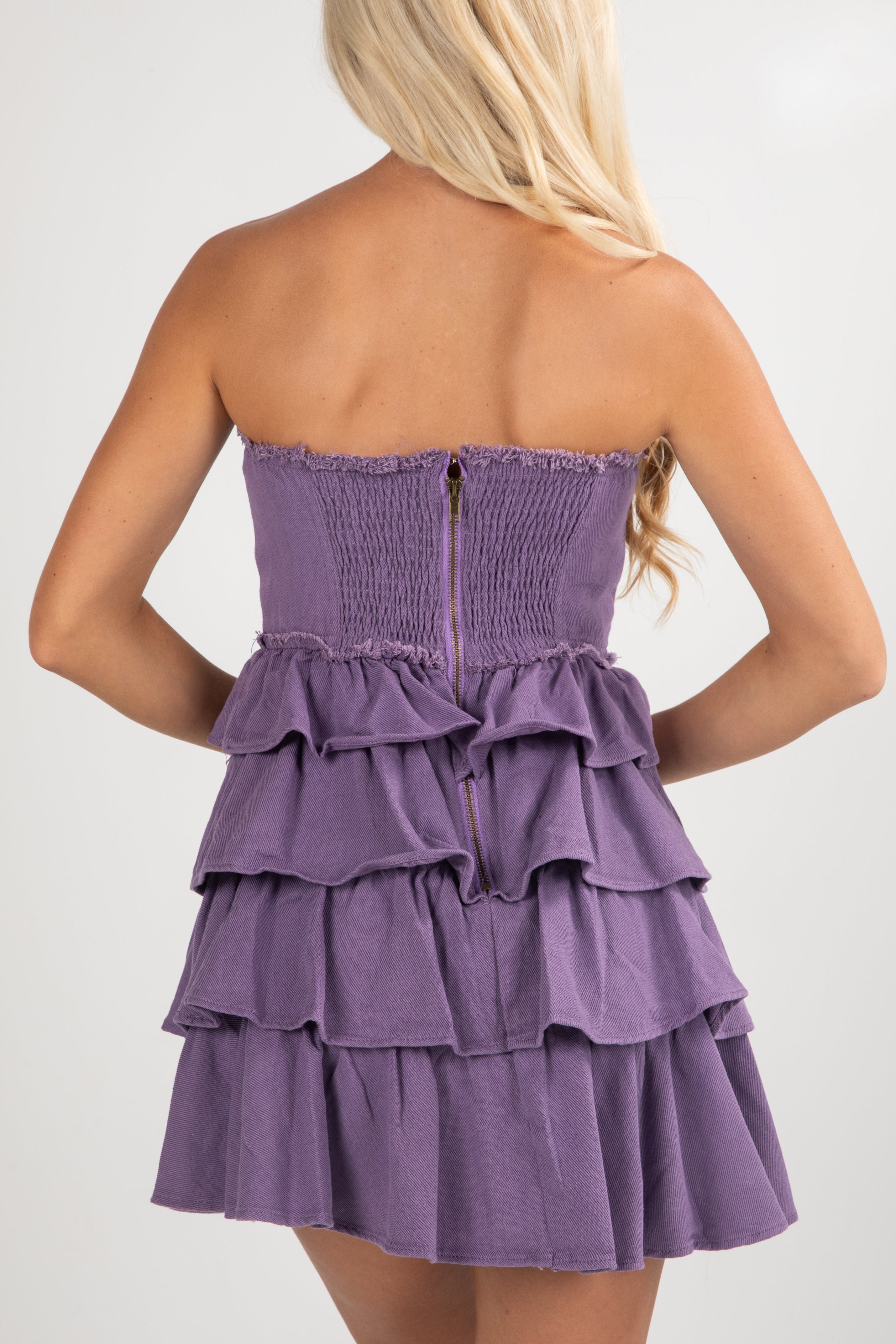 First Down Tiered Strapless Mini Dress