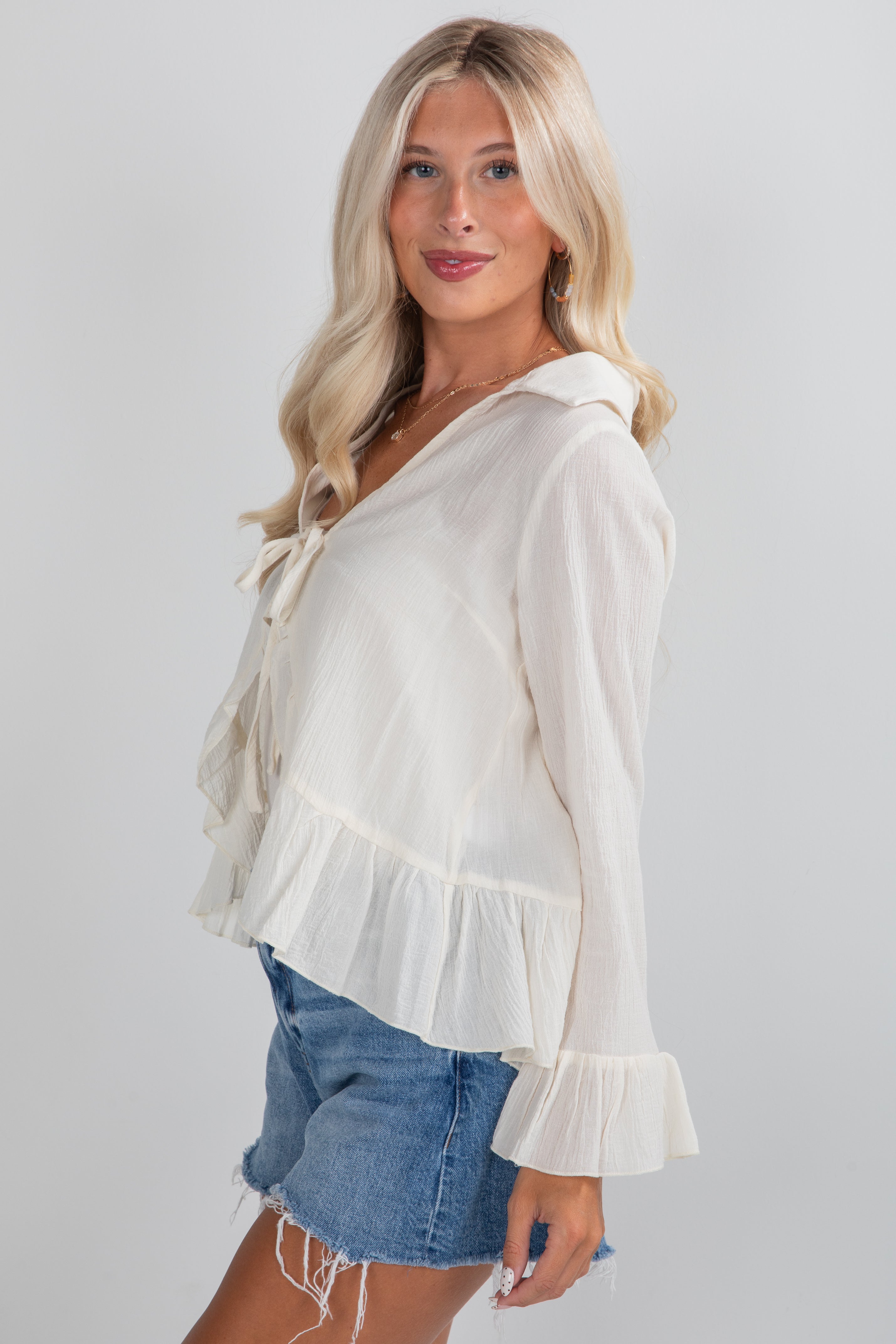 Do It Over Again Cream Tie Front Blouse