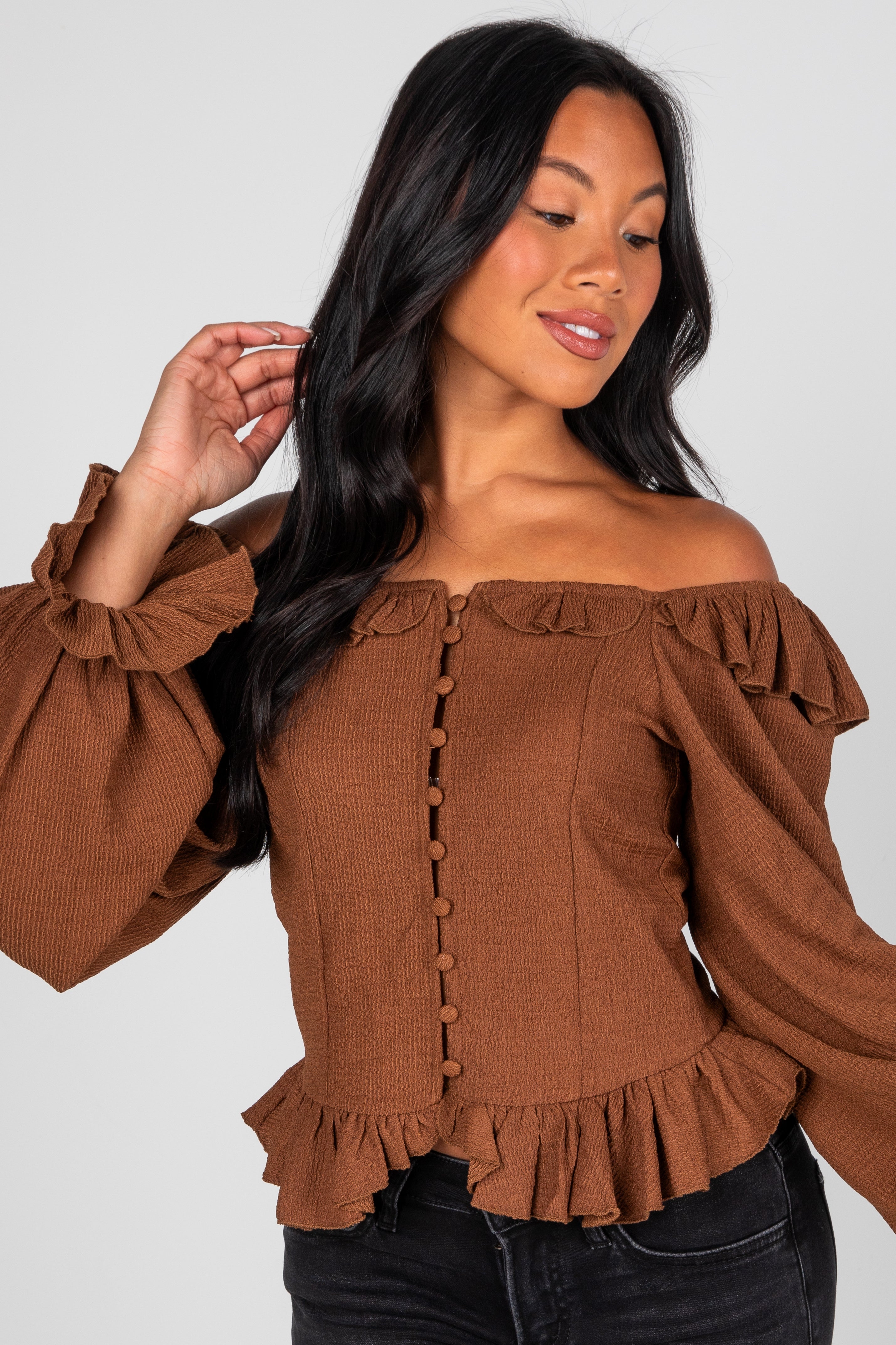 Share Your Story Brown Ruffle Blouse