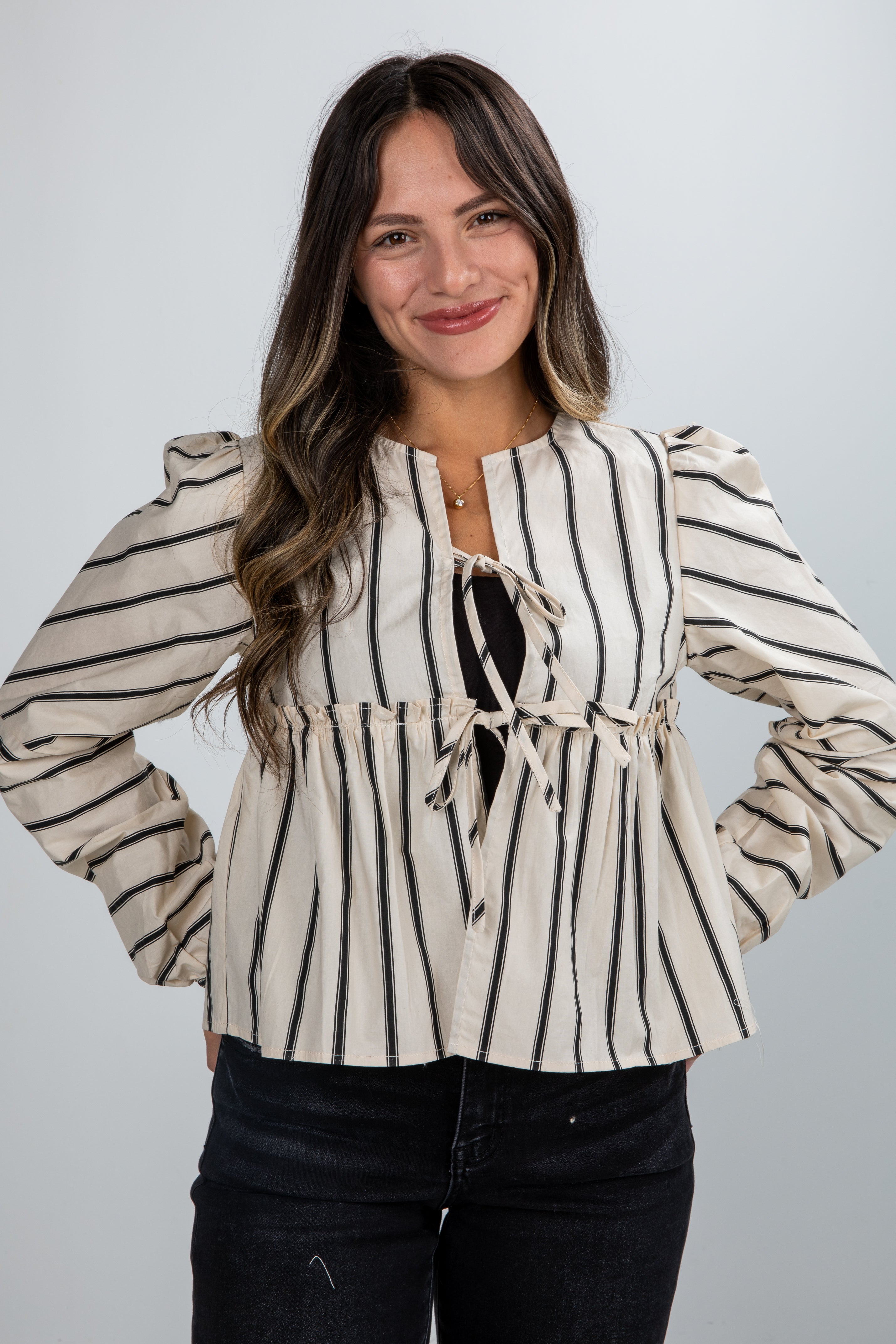 Classy Attitude Cream Striped Tie Blouse