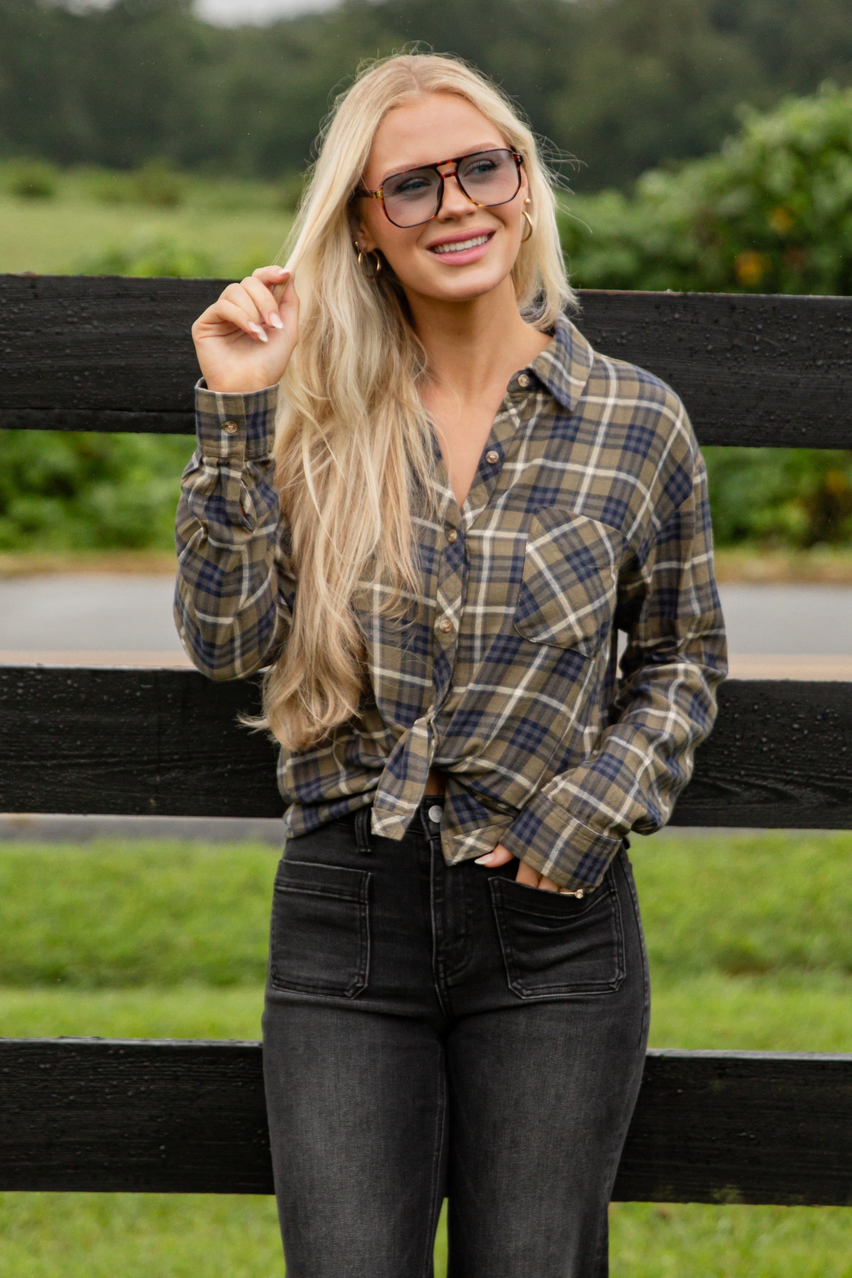 Coming Back For You Olive Plaid Flannel