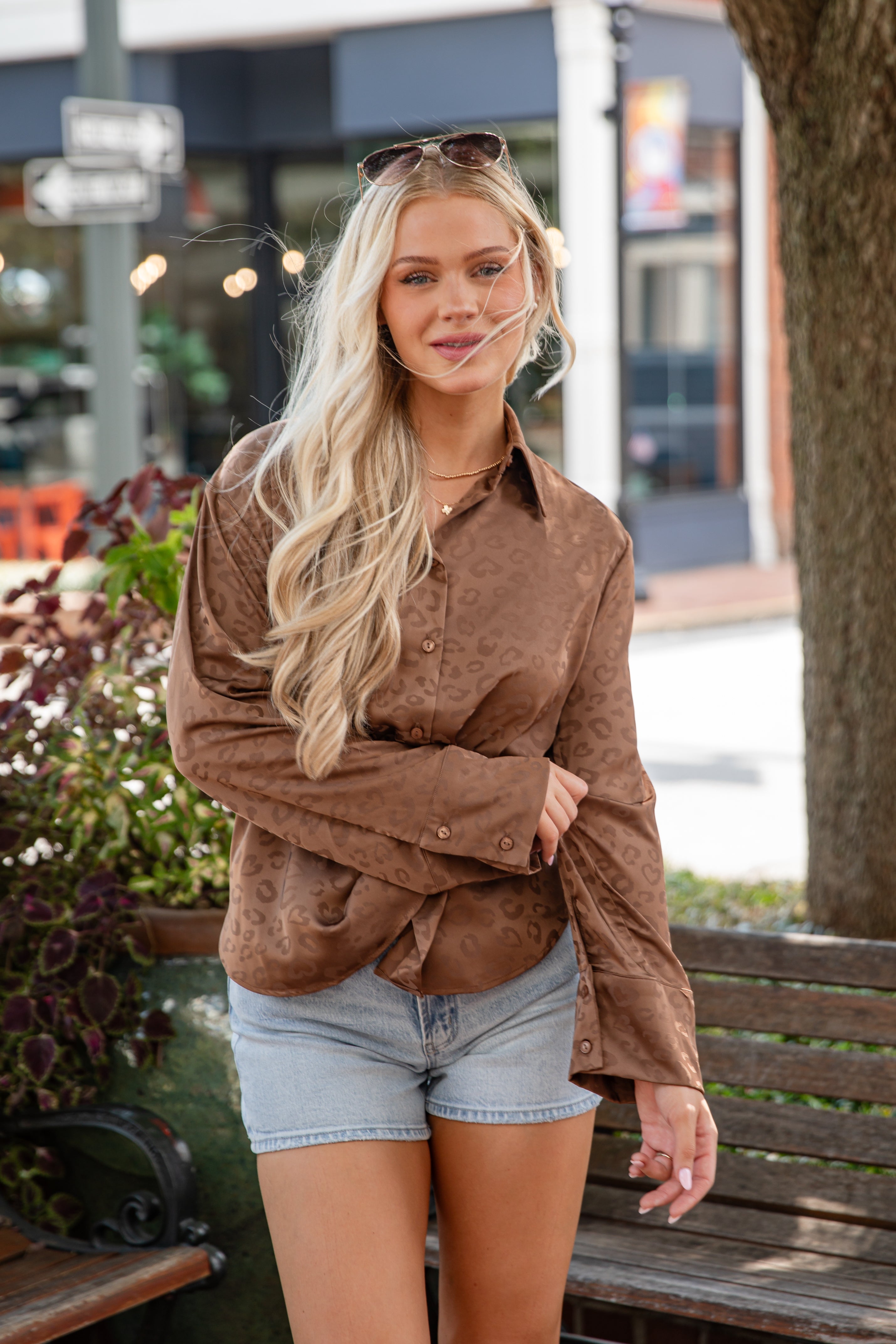 Wild And Free Brown Satin Leopard Button-Up Blouse