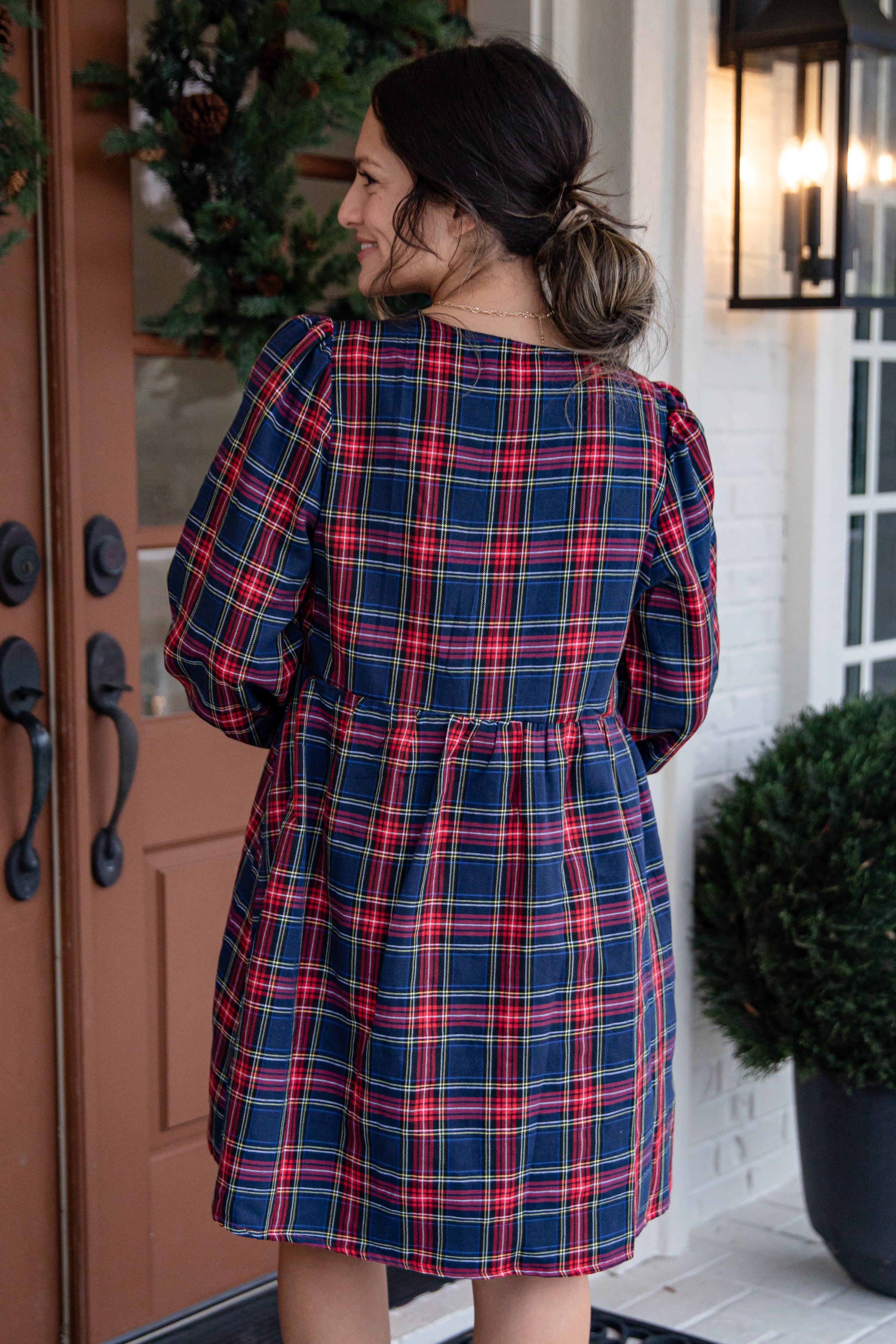 Holiday Hearth Red + Navy Plaid Mini Dress