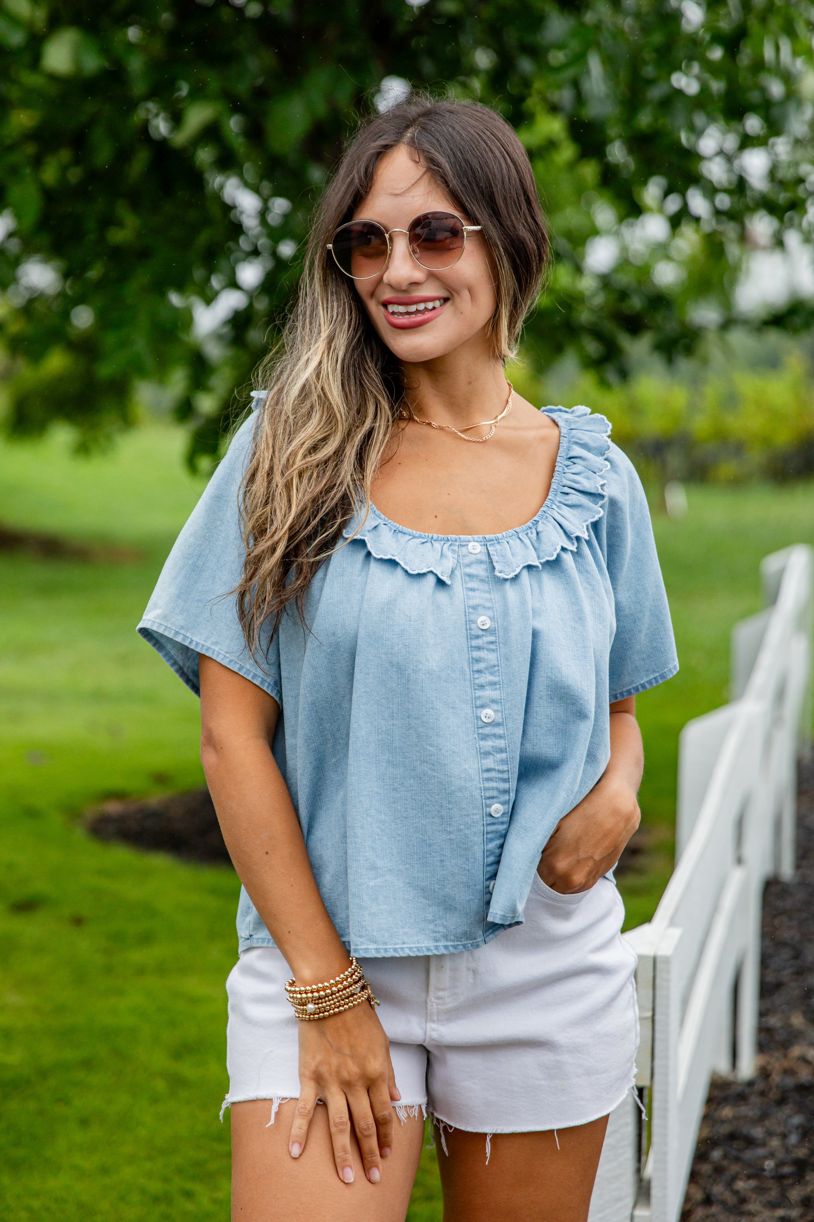 Something New Light Denim Blouse
