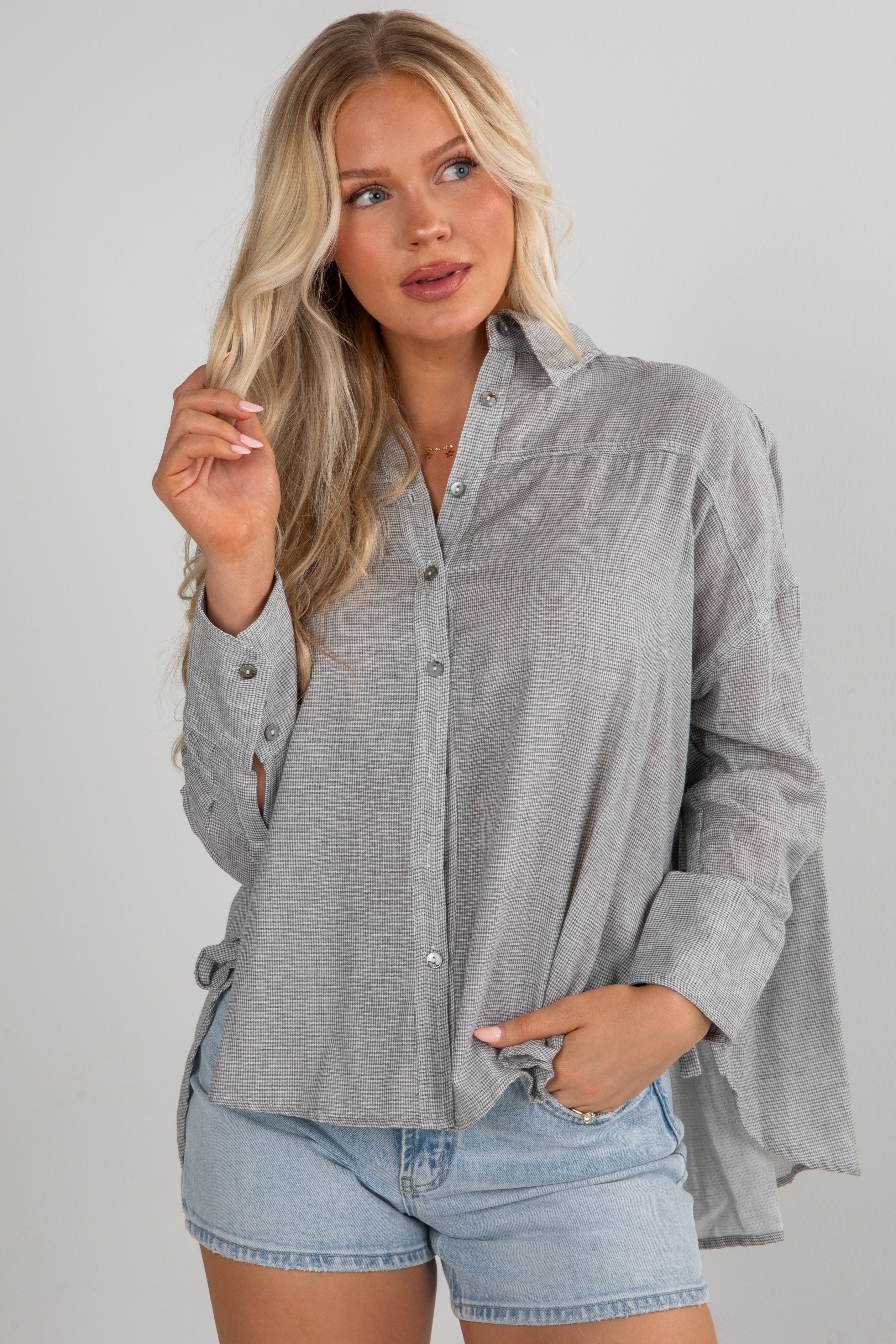 With You My Darling Grey Button-Up Blouse