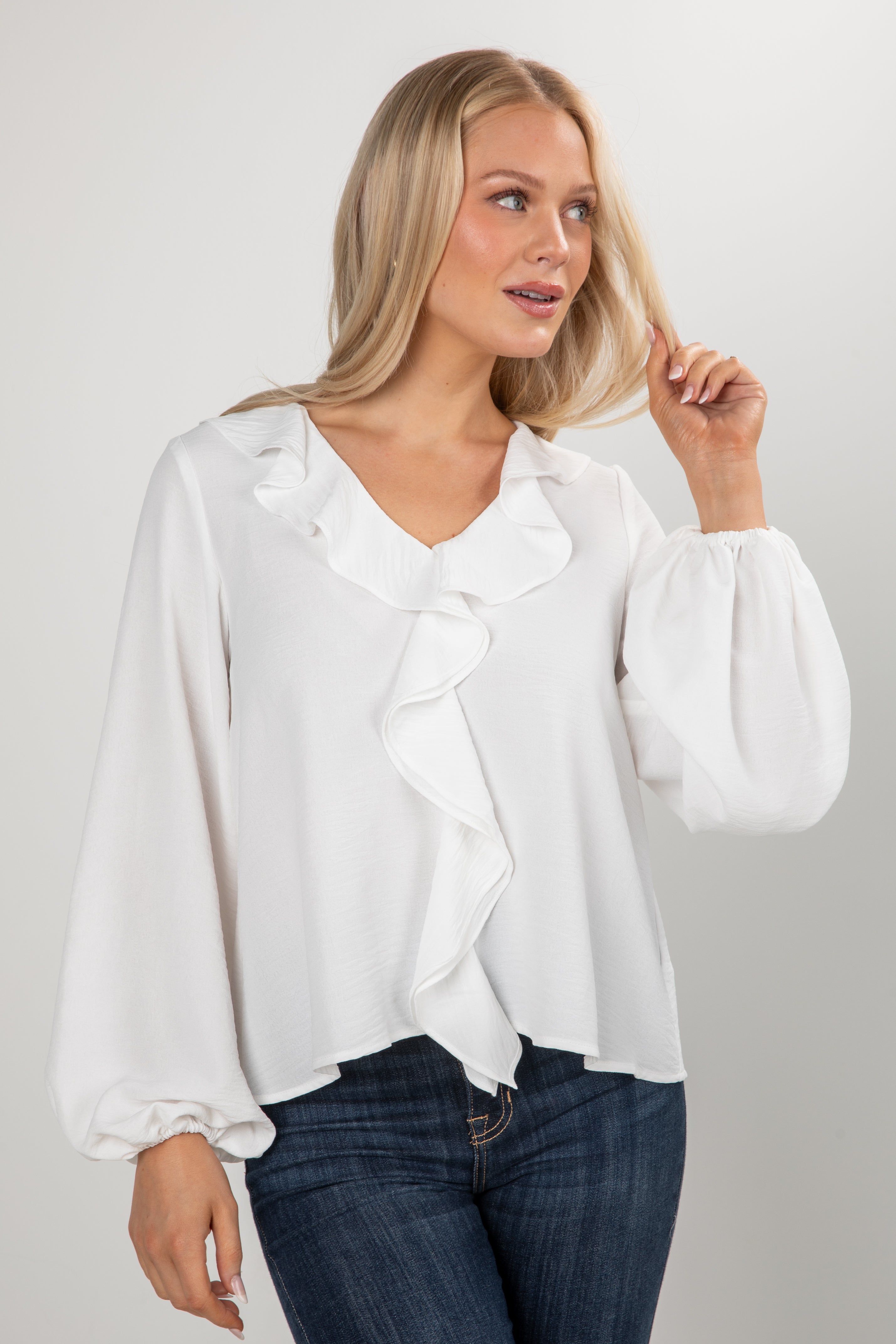 Snowfall Ruffle Off White Blouse - DU Deal