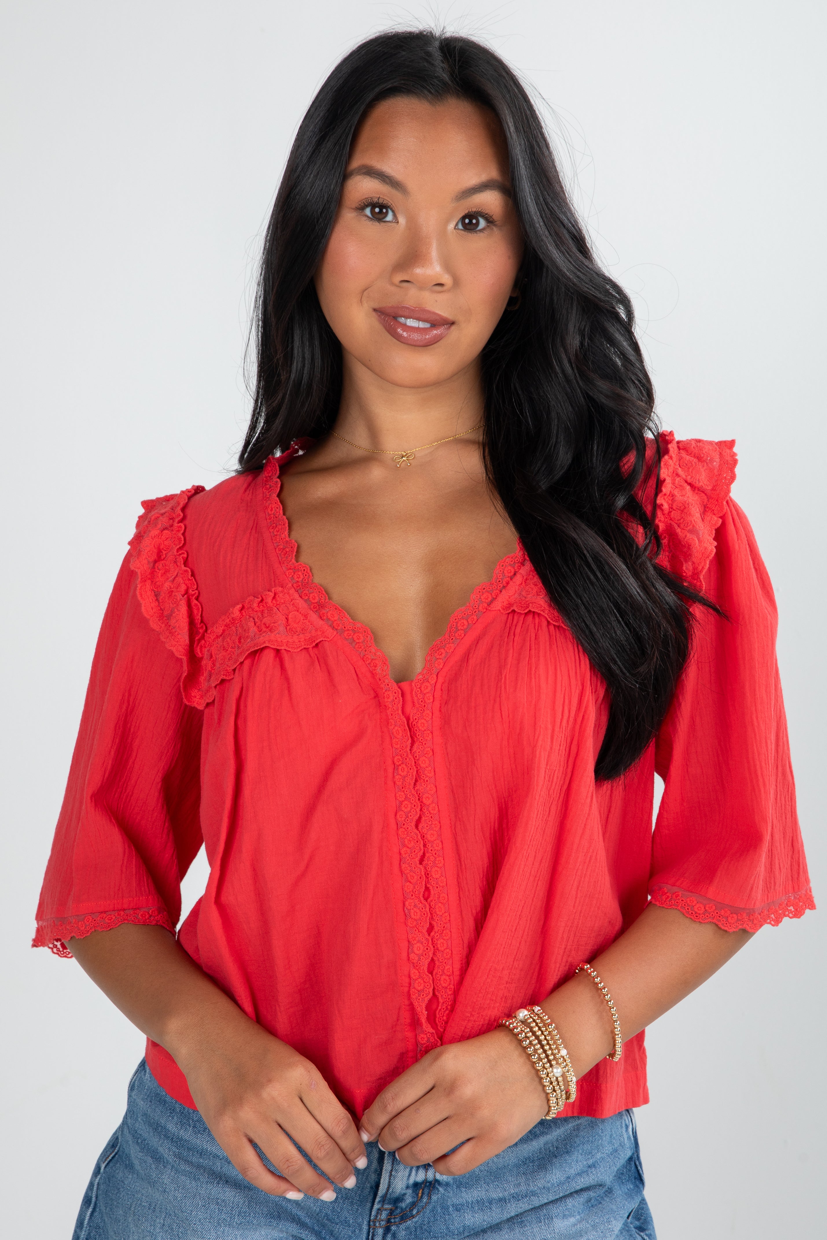 Gracefully As She Goes Red Lace Blouse