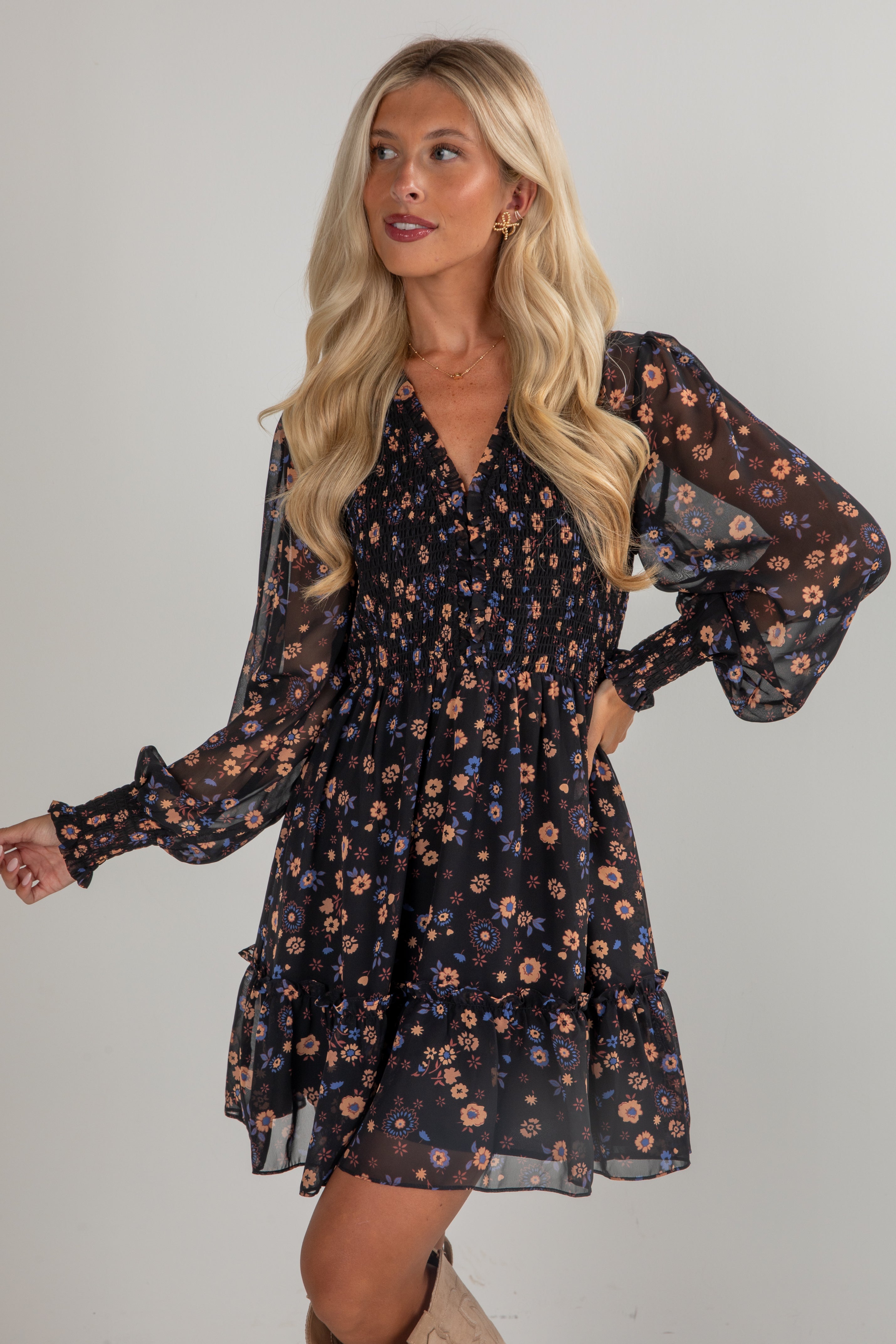 Hold On To Your Dreams Black Floral Mini Dress