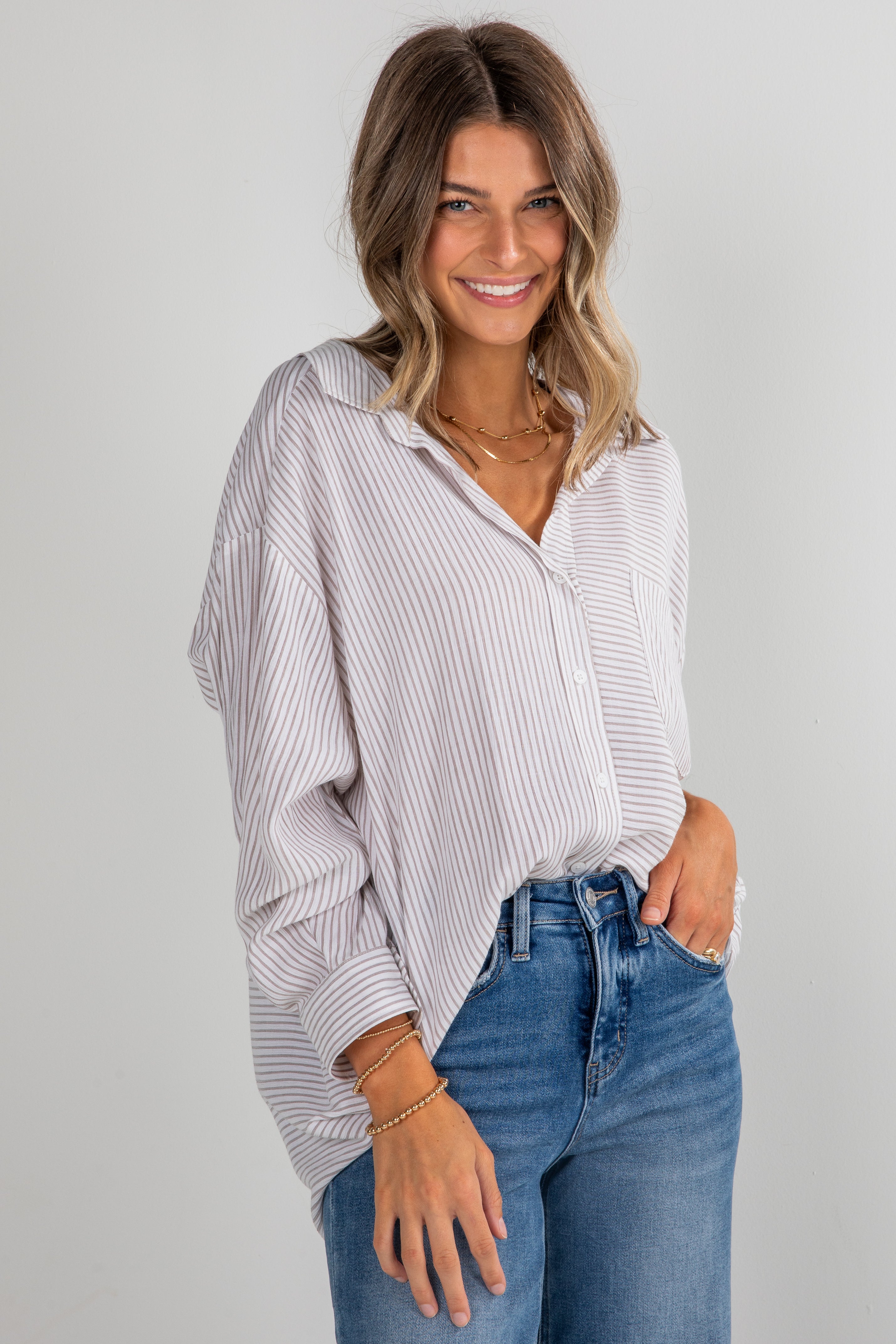 This Is The Day Off White Striped Button-Up Blouse