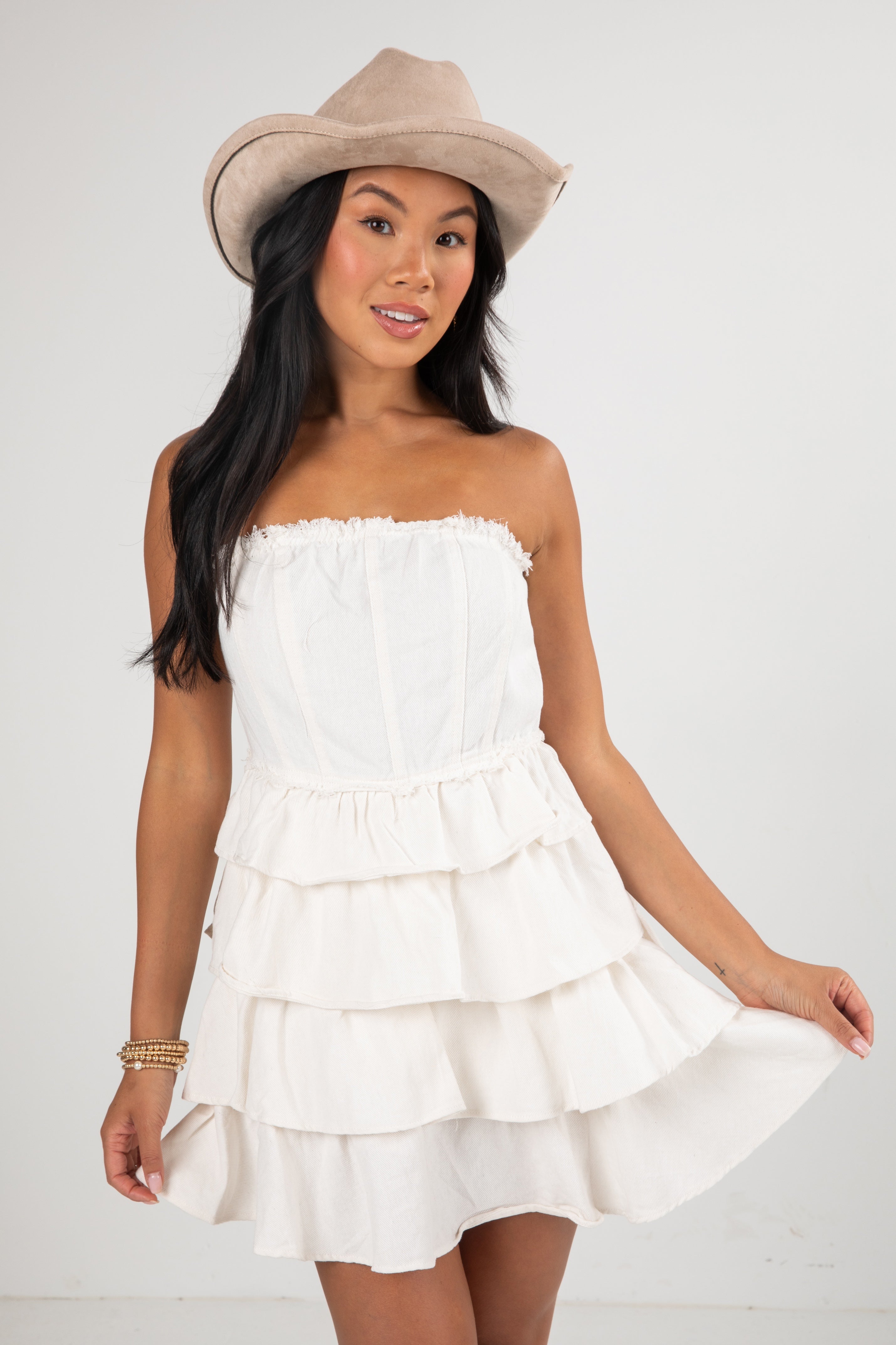 First Down Tiered Strapless Mini Dress