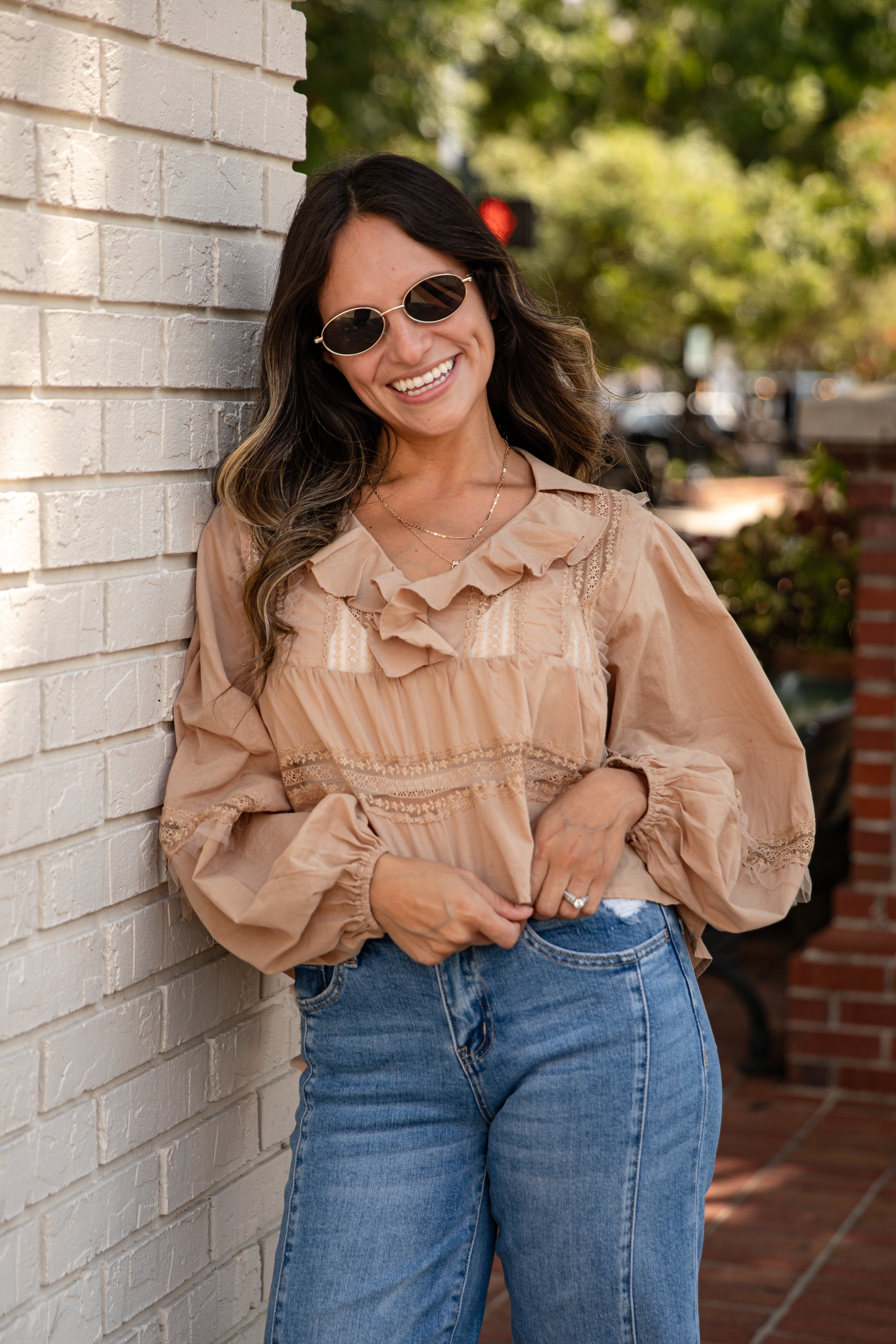 Own The Moment Taupe Lace Ruffle Blouse