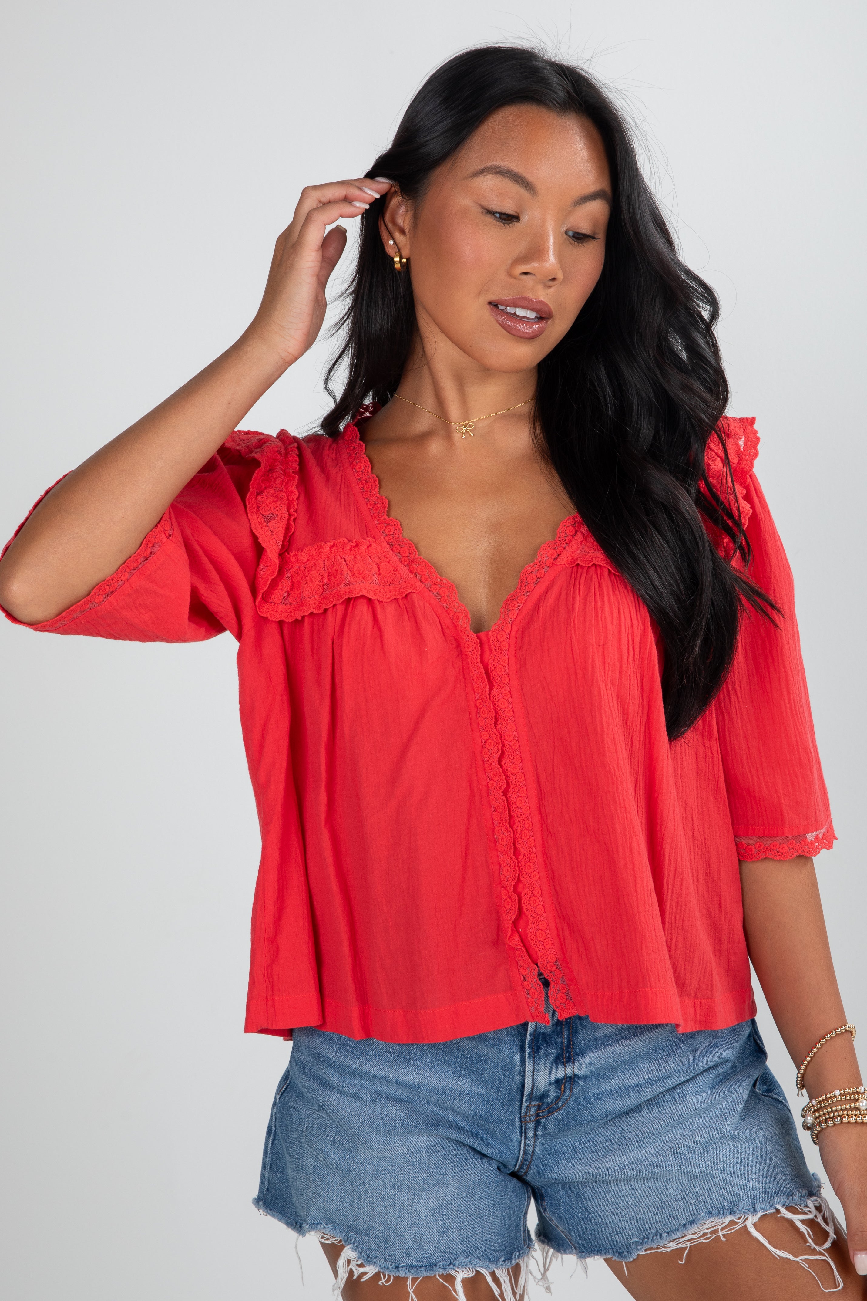 Gracefully As She Goes Red Lace Blouse