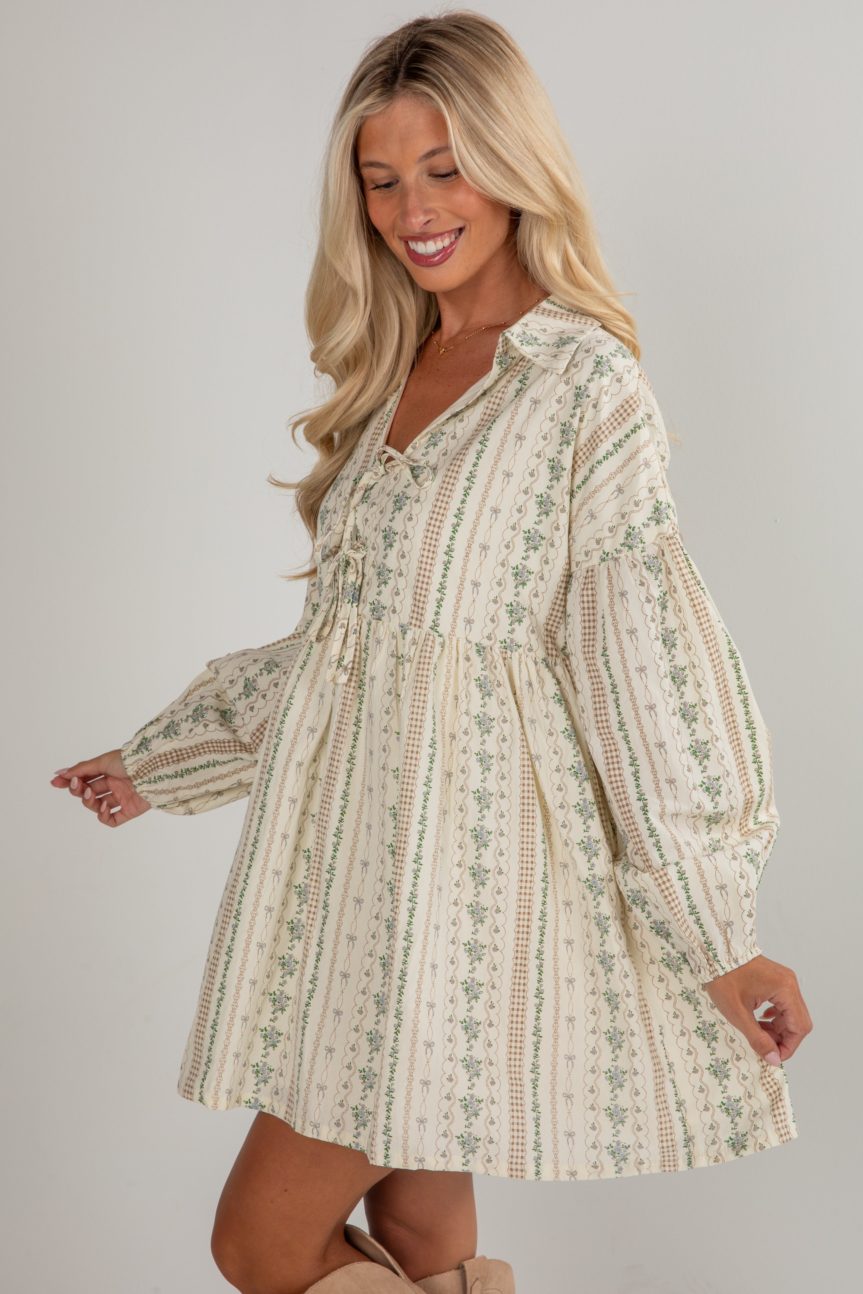 Right In Front Of You Cream Floral Babydoll Mini Dress