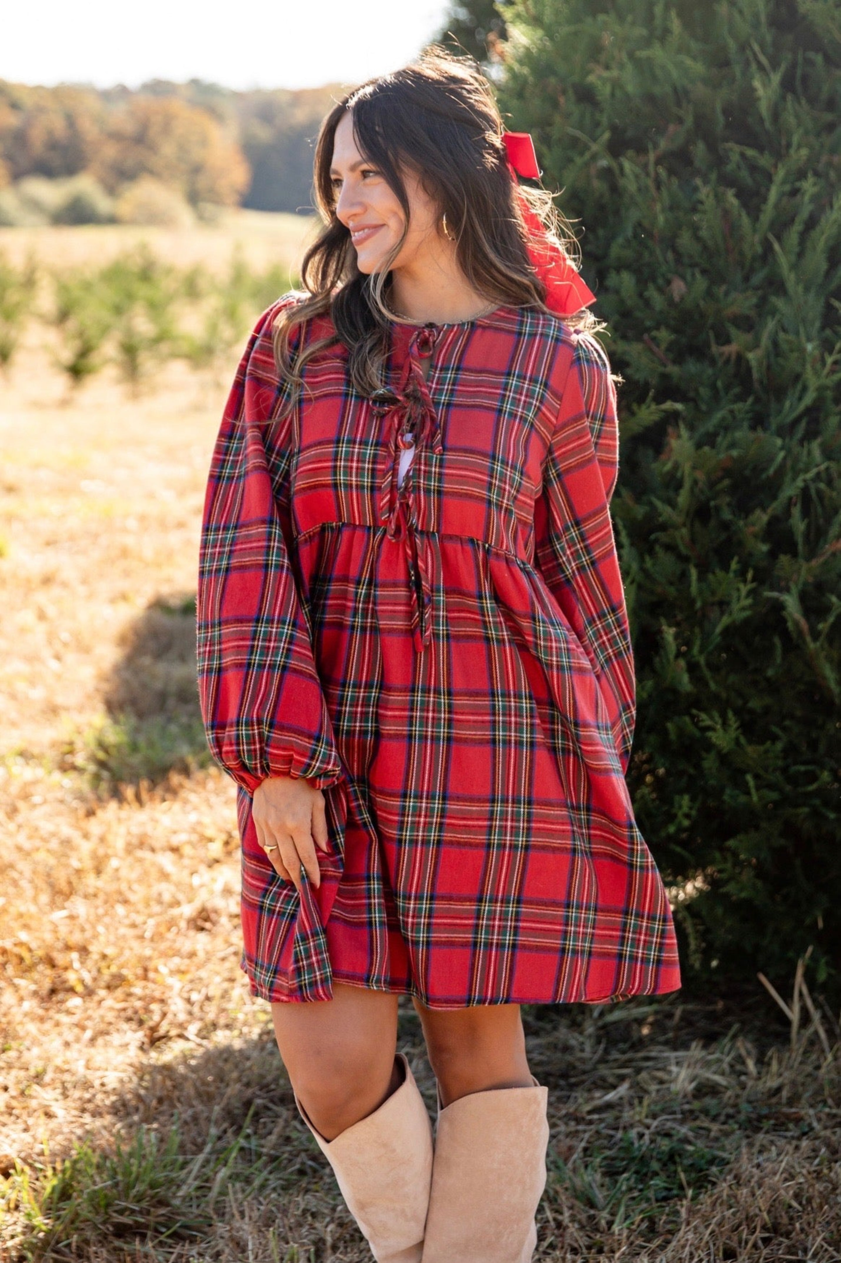 Very Merry Moments Plaid Babydoll Mini Dress