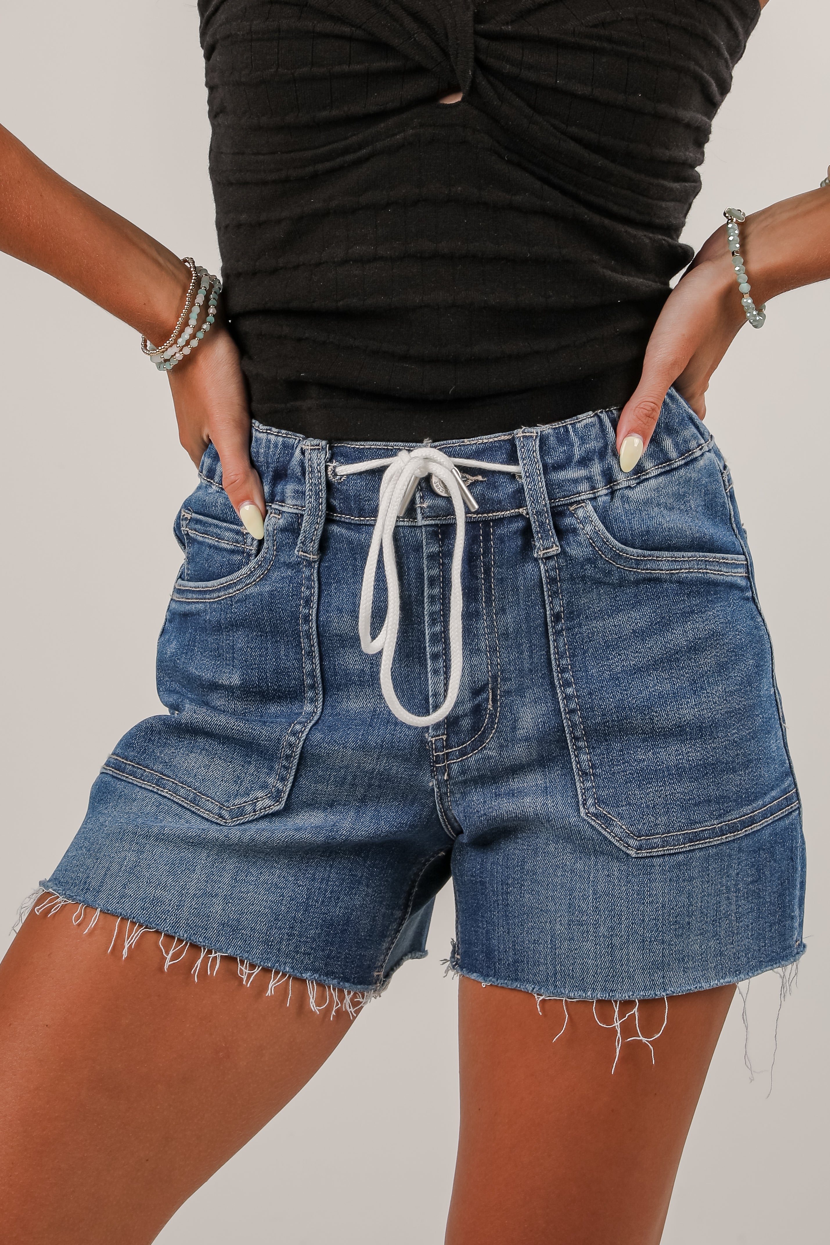 Aubrey Medium Wash High-Rise Drawstring Denim Shorts